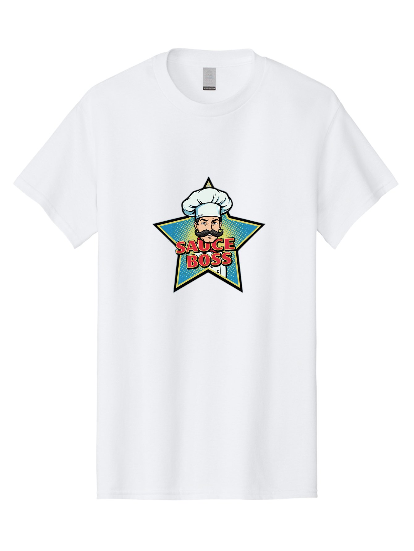 Sauce-Boss Men'S Graphic Tee, 100% Cotton, Comfortable Casual Summer Wear, Machine Washable, Cartoon Chef, White Hat, Mustache, Star Badge, Sauce Boss, Food Logo, Culinary Expert, Restaurant Branding, Chef Character Bad512