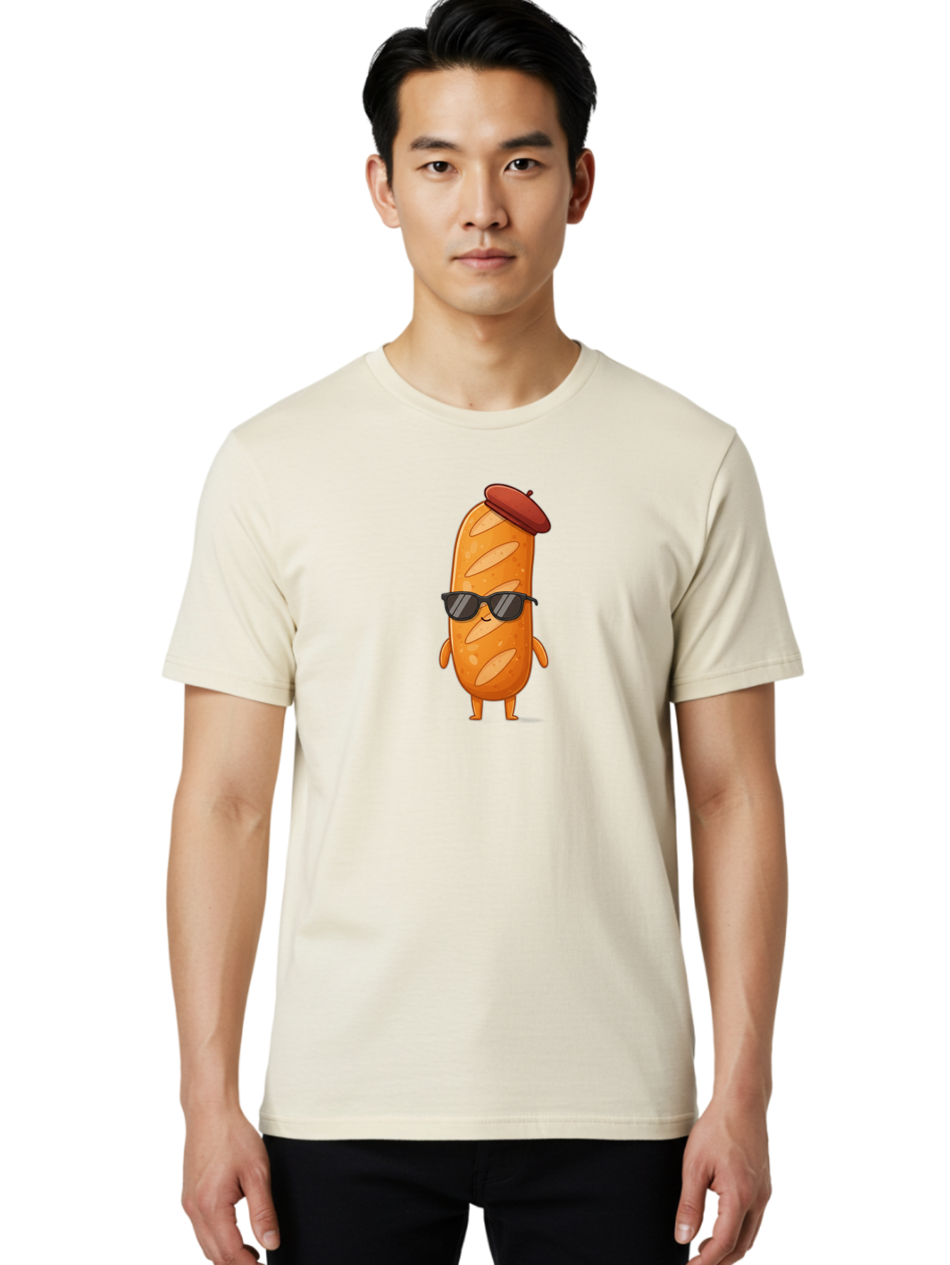 Sausage-Roll Men'S Graphic Tee, 100% Cotton, Comfortable Casual Summer Wear, Machine Washable, Cartoon Bread Character, Bread With Sunglasses, Bread With Beret, Funny Food Illustration, Humorous Baked Goods, Quirky Cartoon Character, Bad513
