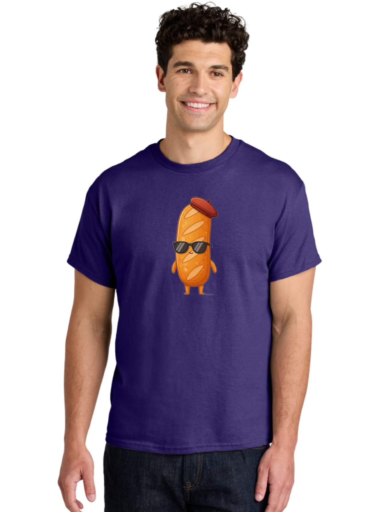 Sausage-Roll Men'S Graphic Tee, 100% Cotton, Comfortable Casual Summer Wear, Machine Washable, Cartoon Bread Character, Bread With Sunglasses, Bread With Beret, Funny Food Illustration, Humorous Baked Goods, Quirky Cartoon Character, Bad513