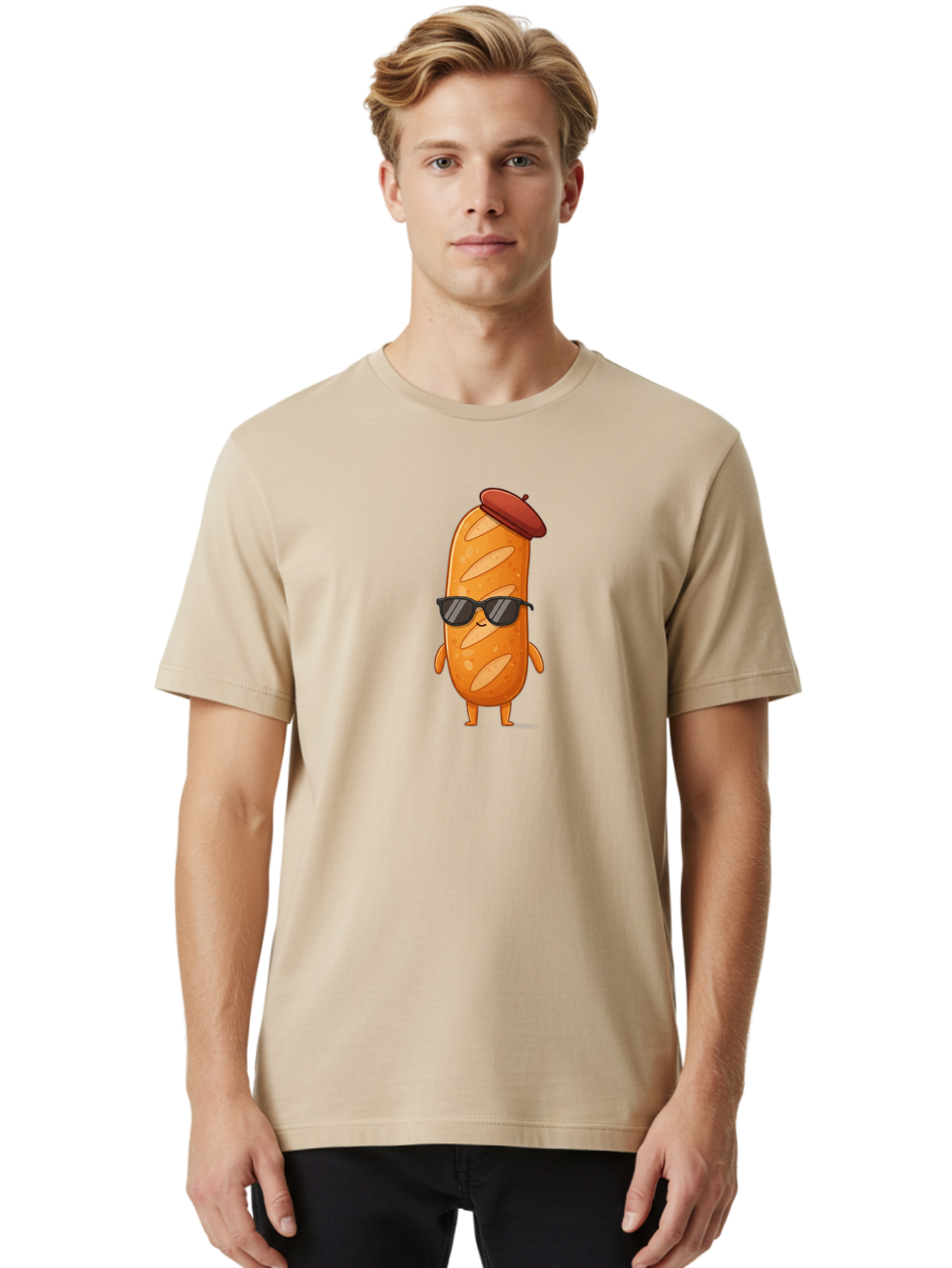 Sausage-Roll Men'S Graphic Tee, 100% Cotton, Comfortable Casual Summer Wear, Machine Washable, Cartoon Bread Character, Bread With Sunglasses, Bread With Beret, Funny Food Illustration, Humorous Baked Goods, Quirky Cartoon Character, Bad513