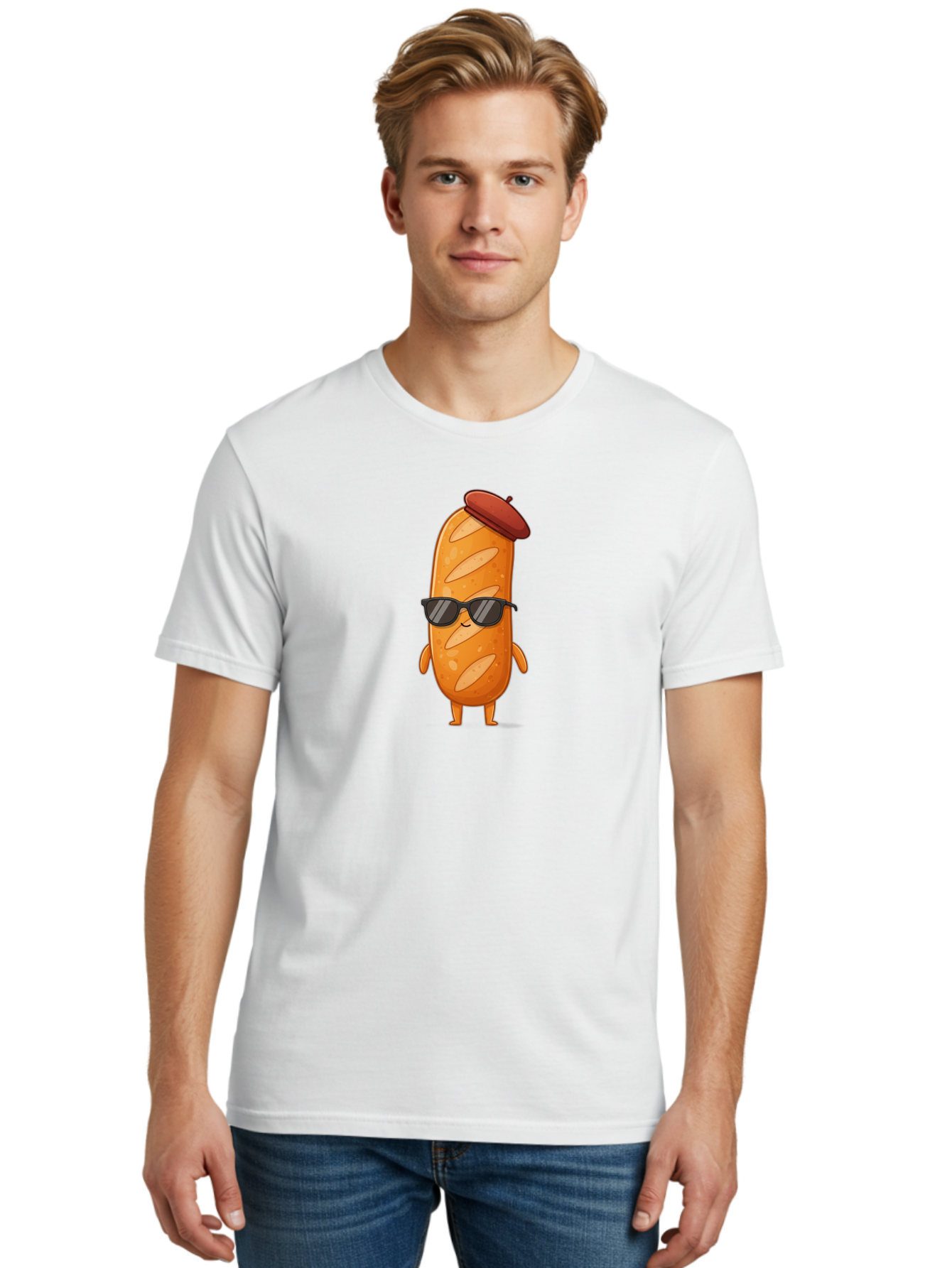 Sausage-Roll Men'S Graphic Tee, 100% Cotton, Comfortable Casual Summer Wear, Machine Washable, Cartoon Bread Character, Bread With Sunglasses, Bread With Beret, Funny Food Illustration, Humorous Baked Goods, Quirky Cartoon Character, Bad513