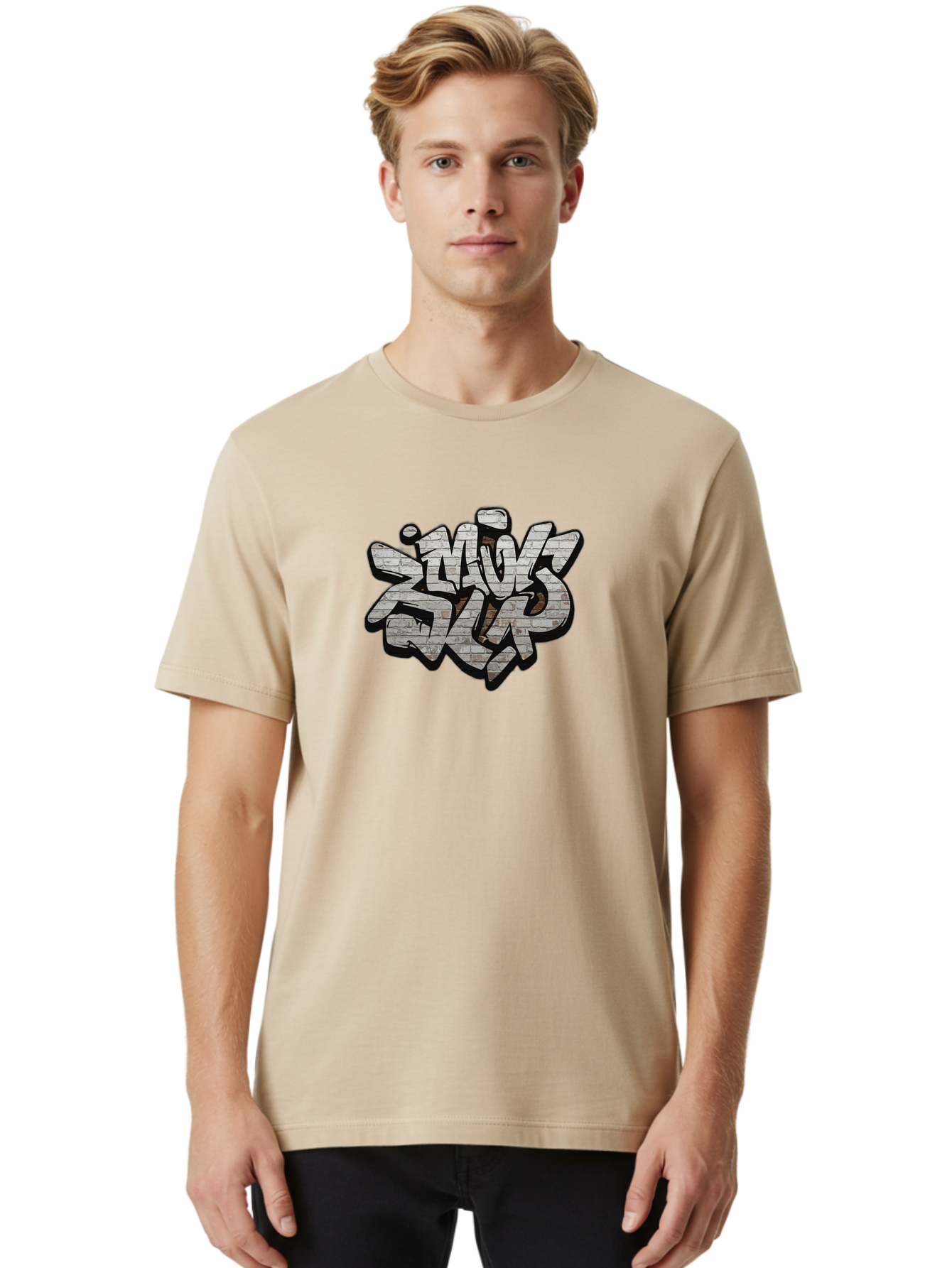 Savs-Savs Men'S Graphic Tee, 100% Cotton, Comfortable Casual Summer Wear, Machine Washable, Graffiti Art, Street Art, Urban Culture, Edgy Style, Bold Design, Skins Slap, Modern Aesthetic, Abstract Typography, Brick Texture, Stylized Lettering, Bad514