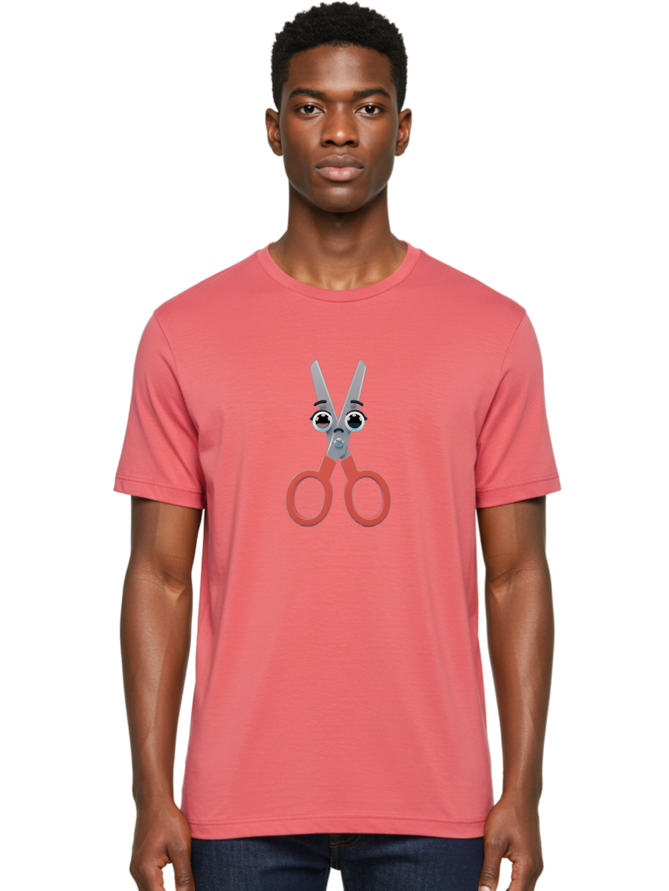 Scissors-1 Men'S Graphic Tee, 100% Cotton, Comfortable Casual Summer Wear, Machine Washable, Cartoon Scissors, Funny Face, Red Handles, Gray Blades, Large Eyes, Surprised Expression, Office Supplies, Craft Tools, Anthropomorphic Object, Bad516