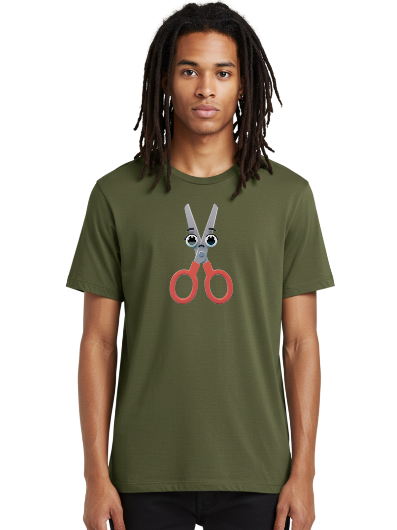 Scissors-1 Men'S Graphic Tee, 100% Cotton, Comfortable Casual Summer Wear, Machine Washable, Cartoon Scissors, Funny Face, Red Handles, Gray Blades, Large Eyes, Surprised Expression, Office Supplies, Craft Tools, Anthropomorphic Object, Bad516