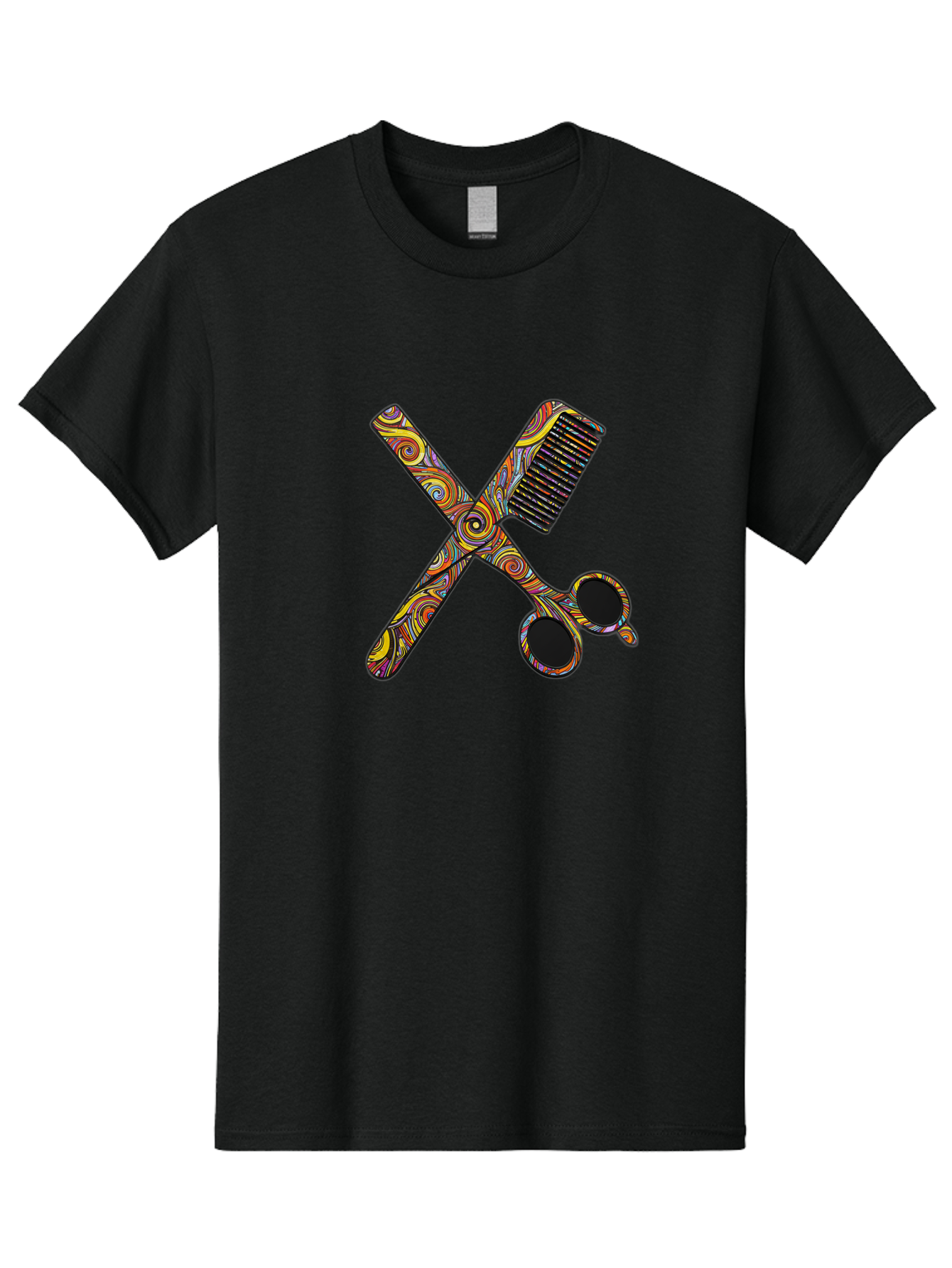 Scissors-And-Comb Men'S Graphic Tee, 100% Cotton, Comfortable Casual Summer Wear, Machine Washable, Colorful Scissors, Hair Comb, Swirly Design, Vibrant Colors, Beauty Tools, Hair Care Accessories, Artistic Patterns, Grooming Essentials Bad519