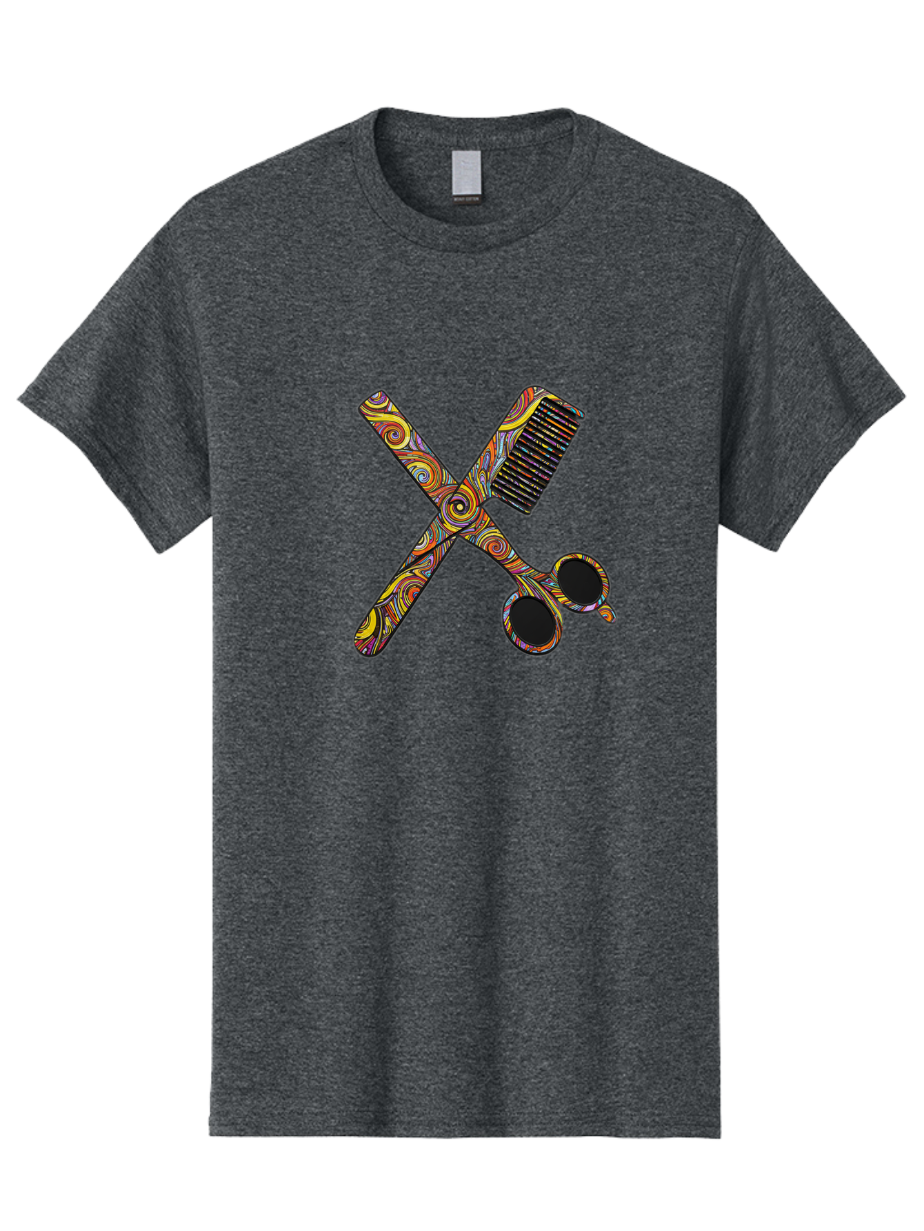 Scissors-And-Comb Men'S Graphic Tee, 100% Cotton, Comfortable Casual Summer Wear, Machine Washable, Colorful Scissors, Hair Comb, Swirly Design, Vibrant Colors, Beauty Tools, Hair Care Accessories, Artistic Patterns, Grooming Essentials Bad519