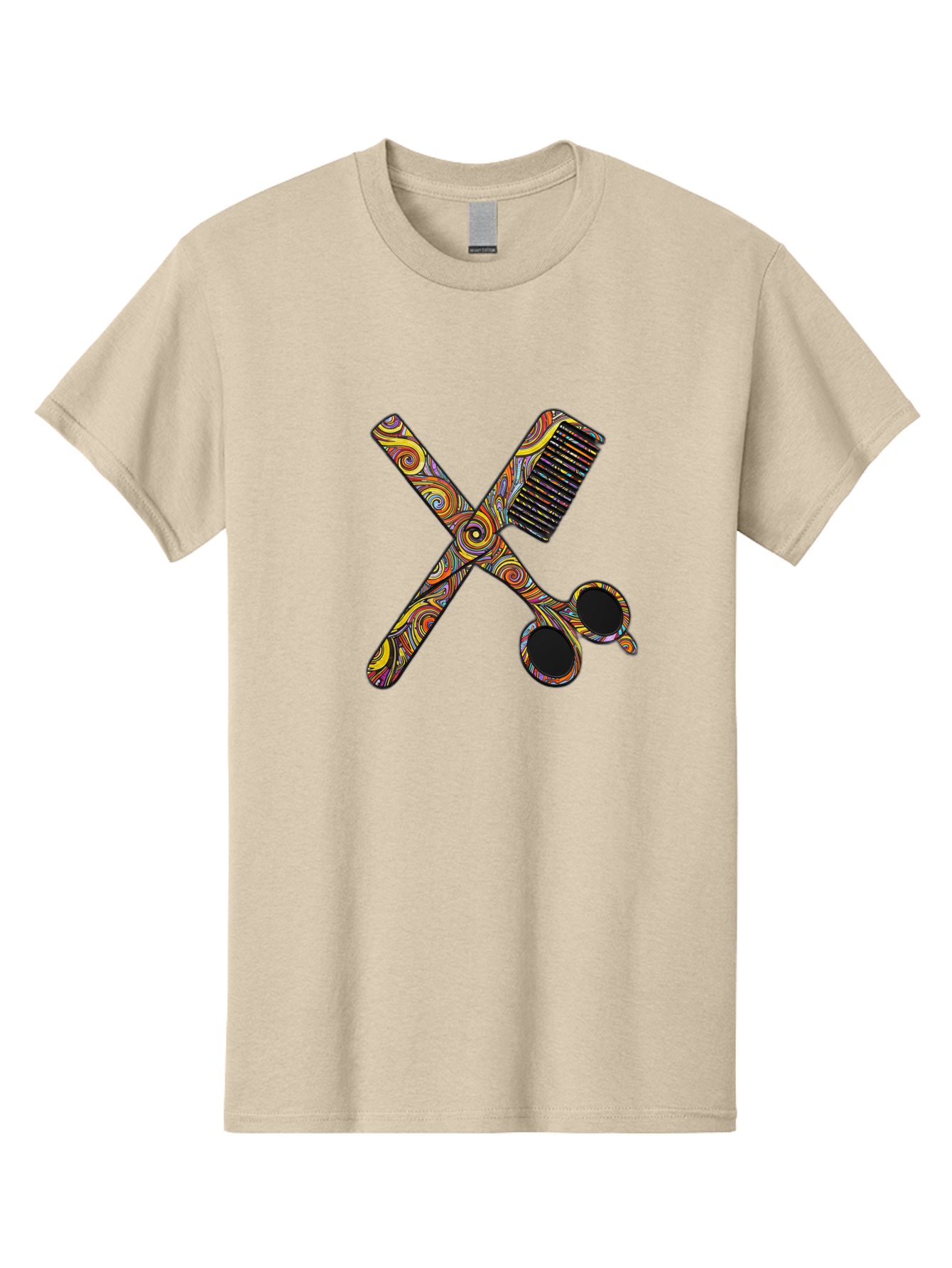 Scissors-And-Comb Men'S Graphic Tee, 100% Cotton, Comfortable Casual Summer Wear, Machine Washable, Colorful Scissors, Hair Comb, Swirly Design, Vibrant Colors, Beauty Tools, Hair Care Accessories, Artistic Patterns, Grooming Essentials Bad519