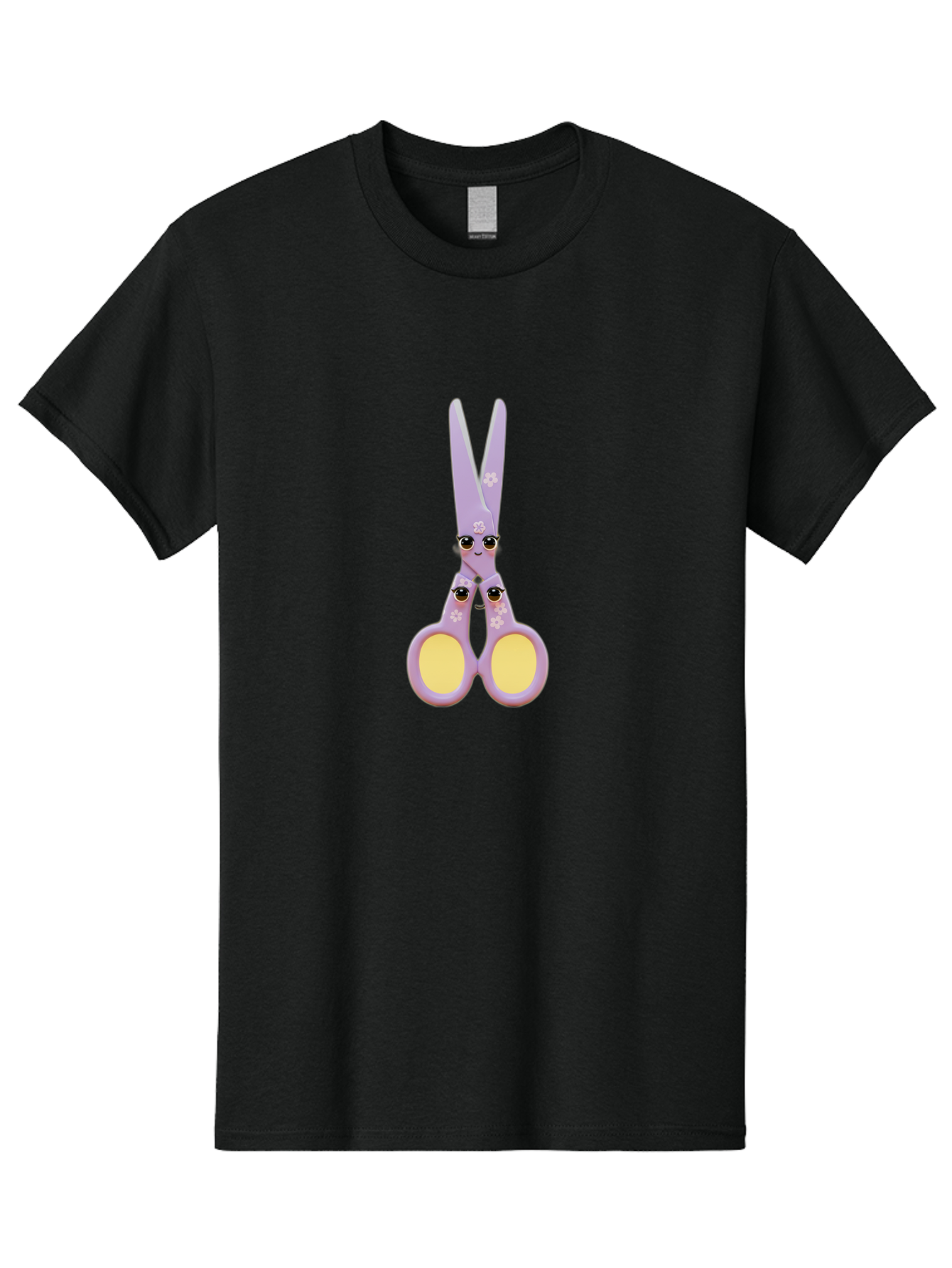 Scissors-Character-1 Men'S Graphic Tee, 100% Cotton, Comfortable Casual Summer Wear, Machine Washable, Cartoon Scissors, Cute, Kawaii, Pastel Purple, Yellow Finger Holes, White Flowers, Cute Faces, Googly Eyes Bad520