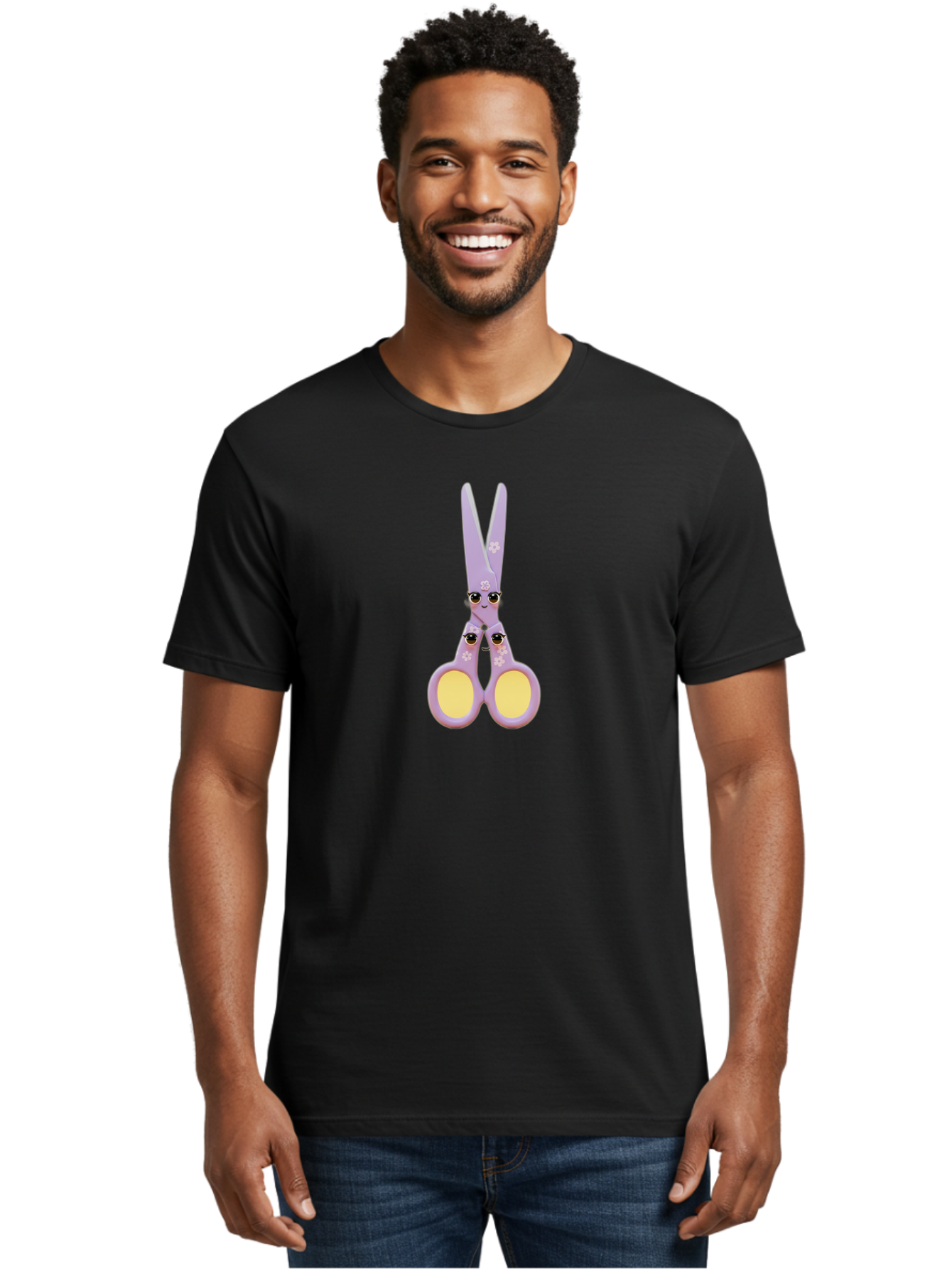 Scissors-Character-1 Men'S Graphic Tee, 100% Cotton, Comfortable Casual Summer Wear, Machine Washable, Cartoon Scissors, Cute, Kawaii, Pastel Purple, Yellow Finger Holes, White Flowers, Cute Faces, Googly Eyes Bad520