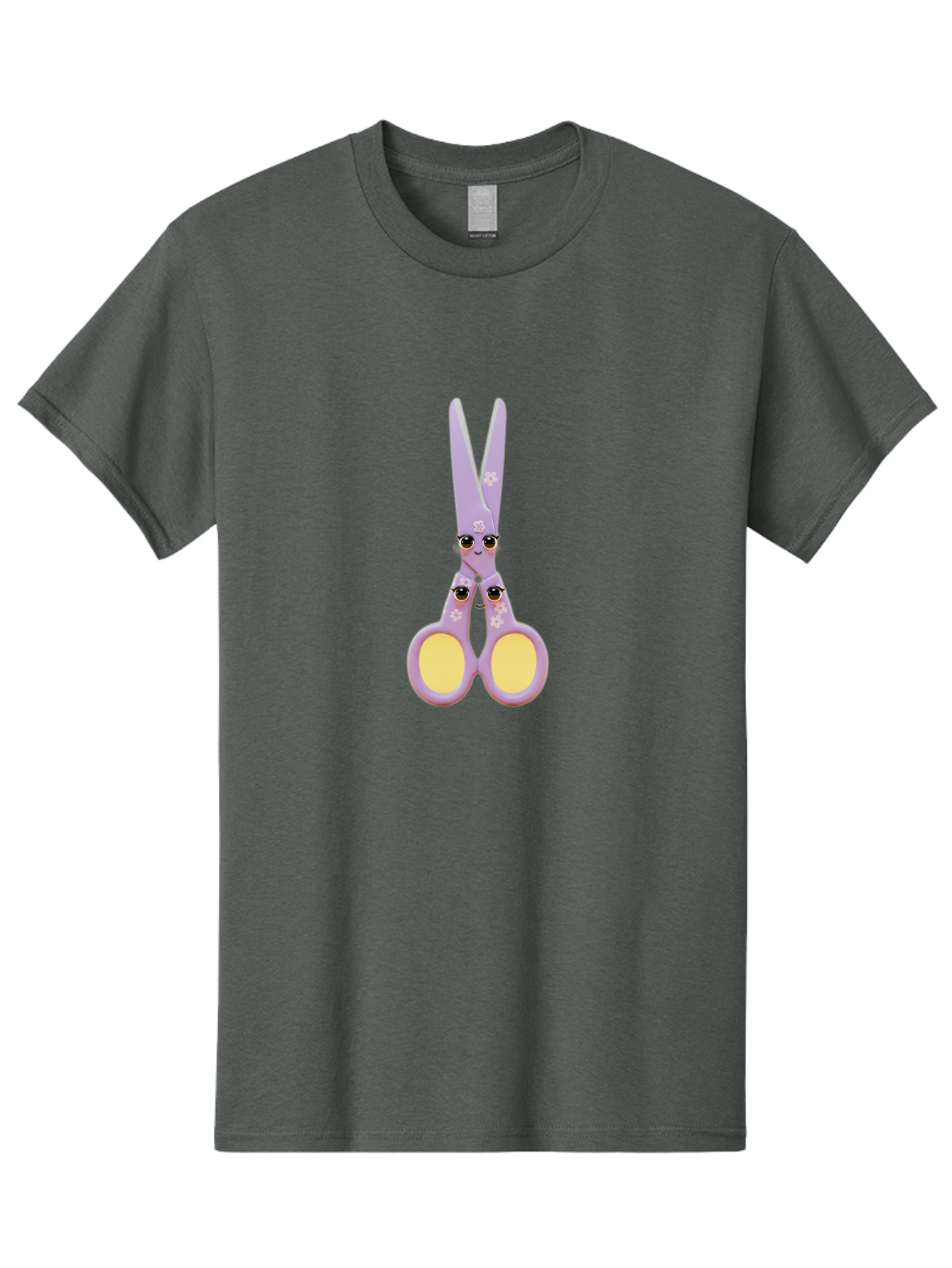 Scissors-Character-1 Men'S Graphic Tee, 100% Cotton, Comfortable Casual Summer Wear, Machine Washable, Cartoon Scissors, Cute, Kawaii, Pastel Purple, Yellow Finger Holes, White Flowers, Cute Faces, Googly Eyes Bad520