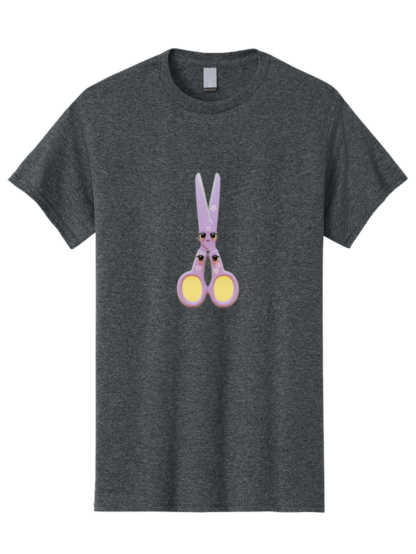 Scissors-Character-1 Men'S Graphic Tee, 100% Cotton, Comfortable Casual Summer Wear, Machine Washable, Cartoon Scissors, Cute, Kawaii, Pastel Purple, Yellow Finger Holes, White Flowers, Cute Faces, Googly Eyes Bad520