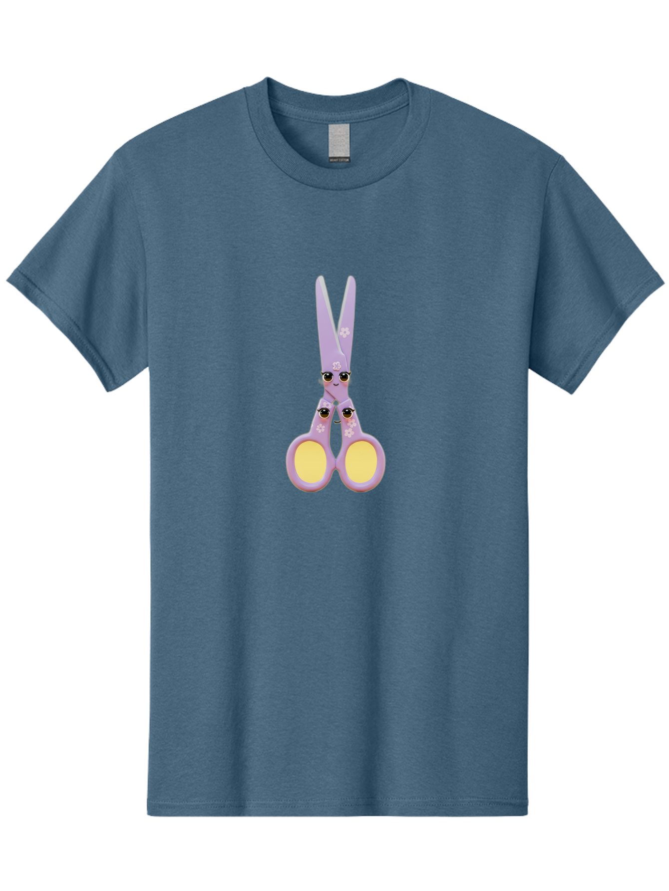 Scissors-Character-1 Men'S Graphic Tee, 100% Cotton, Comfortable Casual Summer Wear, Machine Washable, Cartoon Scissors, Cute, Kawaii, Pastel Purple, Yellow Finger Holes, White Flowers, Cute Faces, Googly Eyes Bad520