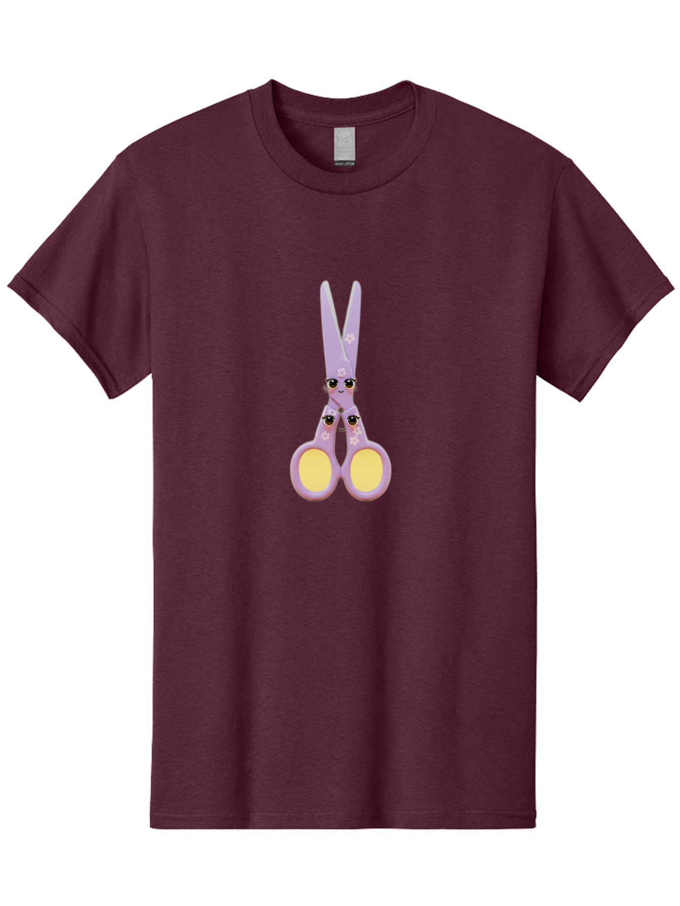 Scissors-Character-1 Men'S Graphic Tee, 100% Cotton, Comfortable Casual Summer Wear, Machine Washable, Cartoon Scissors, Cute, Kawaii, Pastel Purple, Yellow Finger Holes, White Flowers, Cute Faces, Googly Eyes Bad520