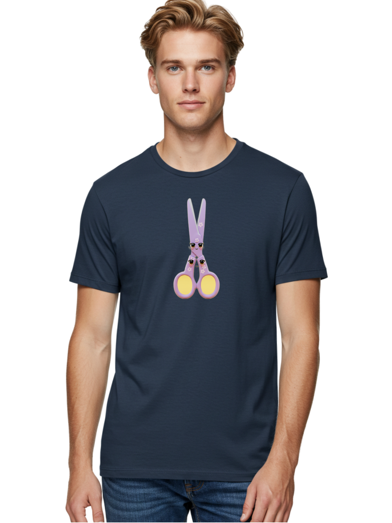 Scissors-Character-1 Men'S Graphic Tee, 100% Cotton, Comfortable Casual Summer Wear, Machine Washable, Cartoon Scissors, Cute, Kawaii, Pastel Purple, Yellow Finger Holes, White Flowers, Cute Faces, Googly Eyes Bad520