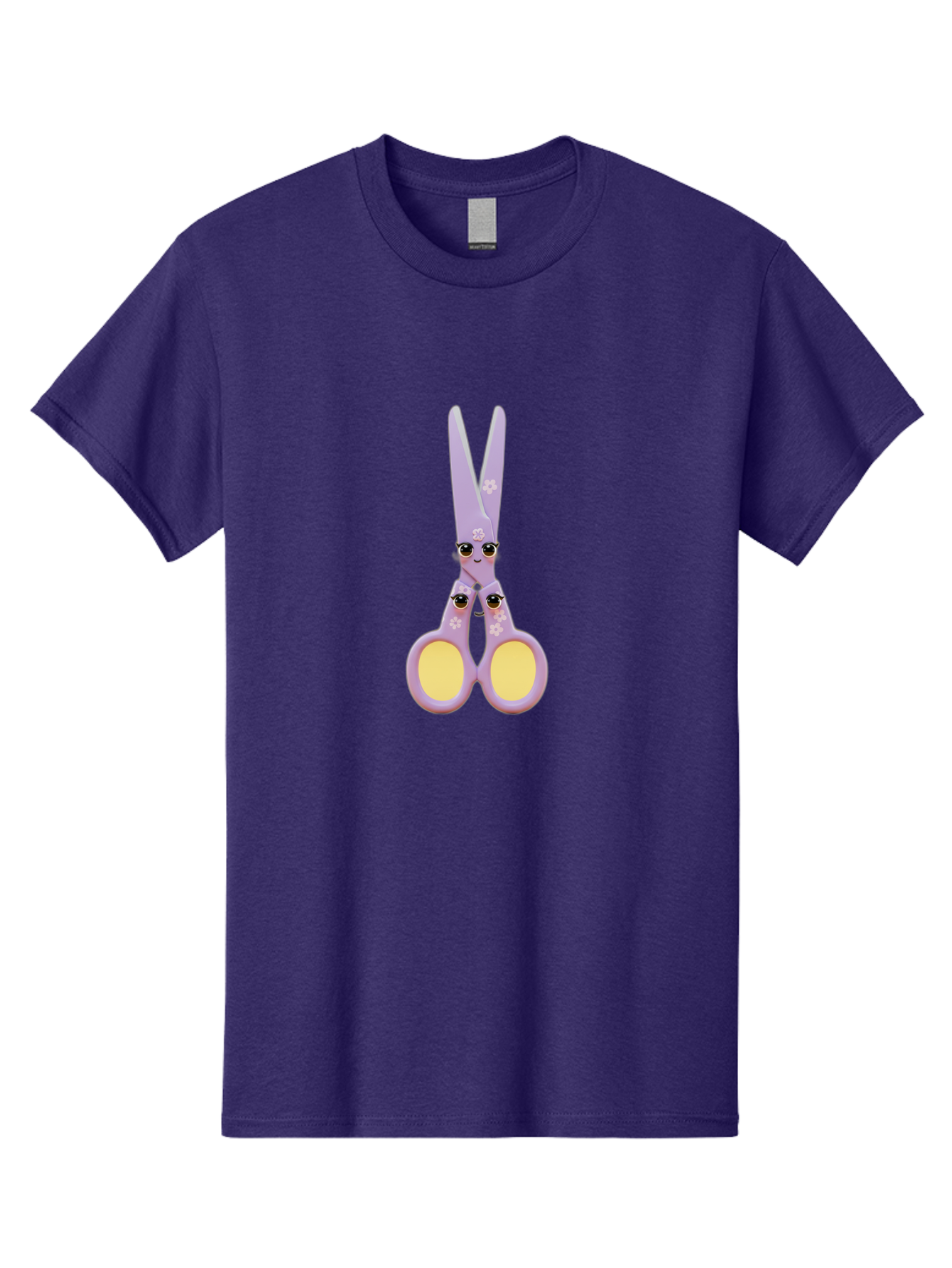 Scissors-Character-1 Men'S Graphic Tee, 100% Cotton, Comfortable Casual Summer Wear, Machine Washable, Cartoon Scissors, Cute, Kawaii, Pastel Purple, Yellow Finger Holes, White Flowers, Cute Faces, Googly Eyes Bad520