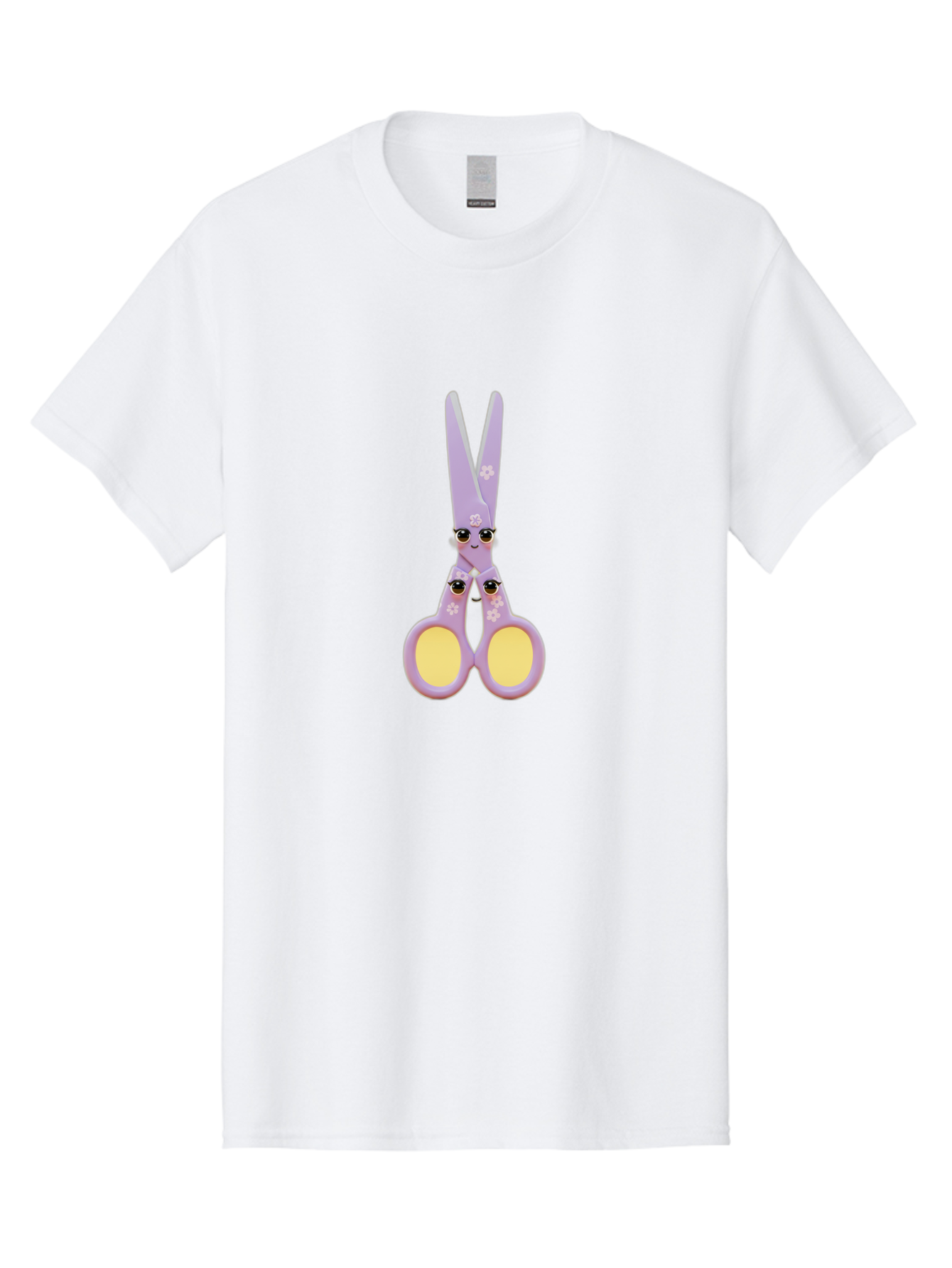 Scissors-Character-1 Men'S Graphic Tee, 100% Cotton, Comfortable Casual Summer Wear, Machine Washable, Cartoon Scissors, Cute, Kawaii, Pastel Purple, Yellow Finger Holes, White Flowers, Cute Faces, Googly Eyes Bad520
