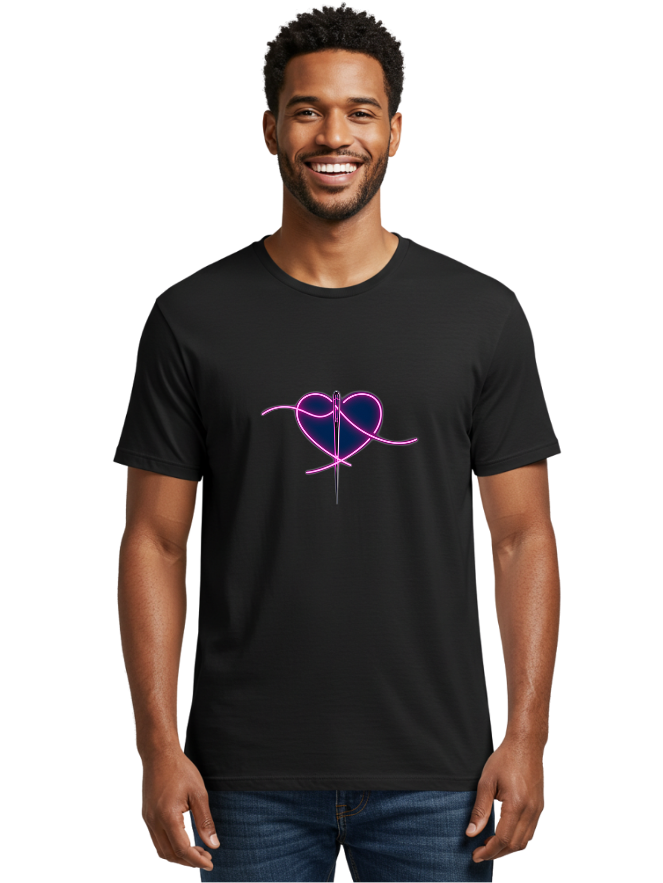 Sewing-Heart-1 Men'S Graphic Tee, 100% Cotton, Comfortable Casual Summer Wear, Machine Washable, Heart Shape, Sewing Needle, Thread, Pink Outline, Dark Blue Heart, Mending Heart, Love Repair, Heart Stitch, Symbolism, Heart Repair, Love Symbol Bad529
