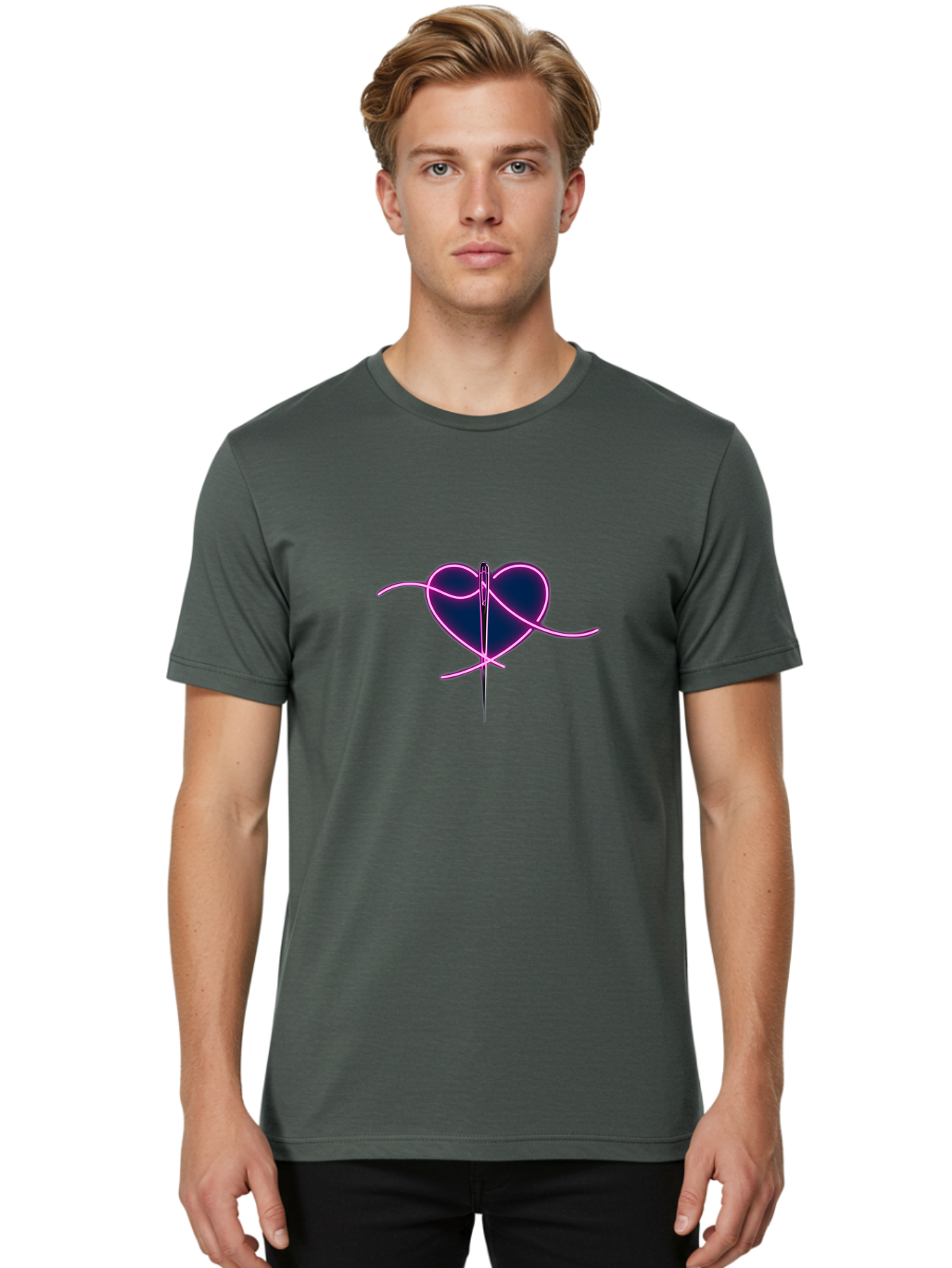 Sewing-Heart-1 Men'S Graphic Tee, 100% Cotton, Comfortable Casual Summer Wear, Machine Washable, Heart Shape, Sewing Needle, Thread, Pink Outline, Dark Blue Heart, Mending Heart, Love Repair, Heart Stitch, Symbolism, Heart Repair, Love Symbol Bad529