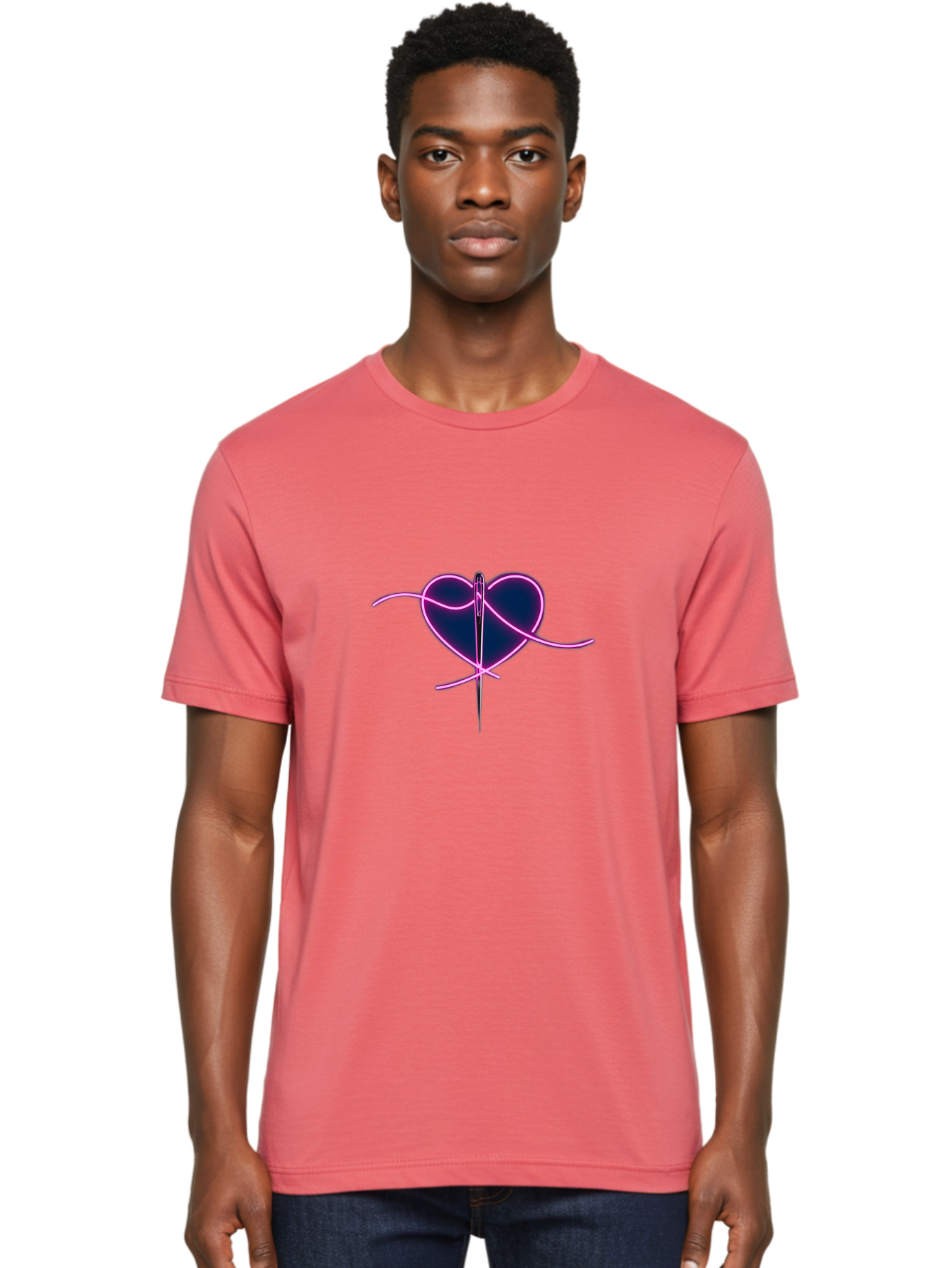 Sewing-Heart-1 Men'S Graphic Tee, 100% Cotton, Comfortable Casual Summer Wear, Machine Washable, Heart Shape, Sewing Needle, Thread, Pink Outline, Dark Blue Heart, Mending Heart, Love Repair, Heart Stitch, Symbolism, Heart Repair, Love Symbol Bad529