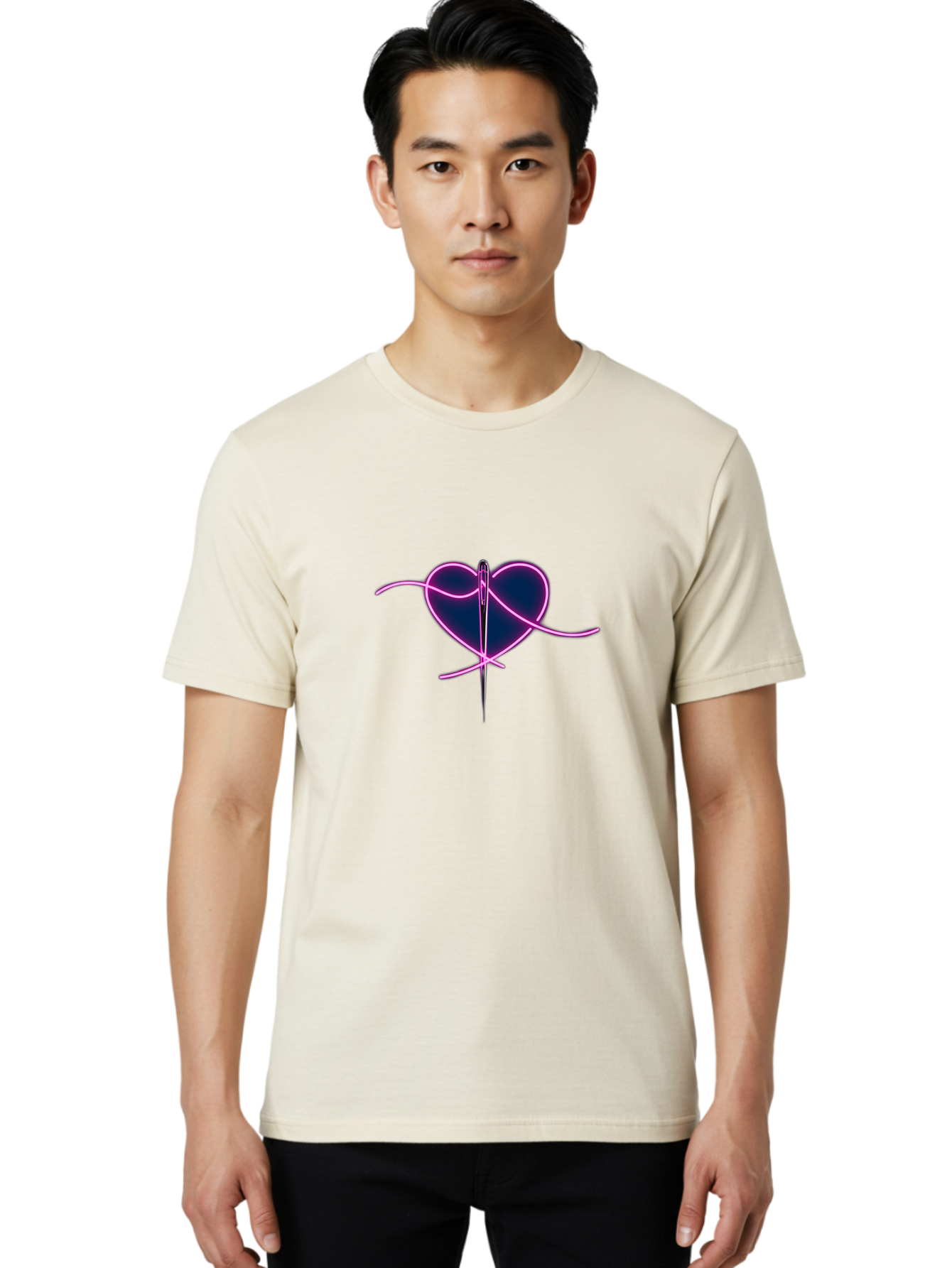 Sewing-Heart-1 Men'S Graphic Tee, 100% Cotton, Comfortable Casual Summer Wear, Machine Washable, Heart Shape, Sewing Needle, Thread, Pink Outline, Dark Blue Heart, Mending Heart, Love Repair, Heart Stitch, Symbolism, Heart Repair, Love Symbol Bad529