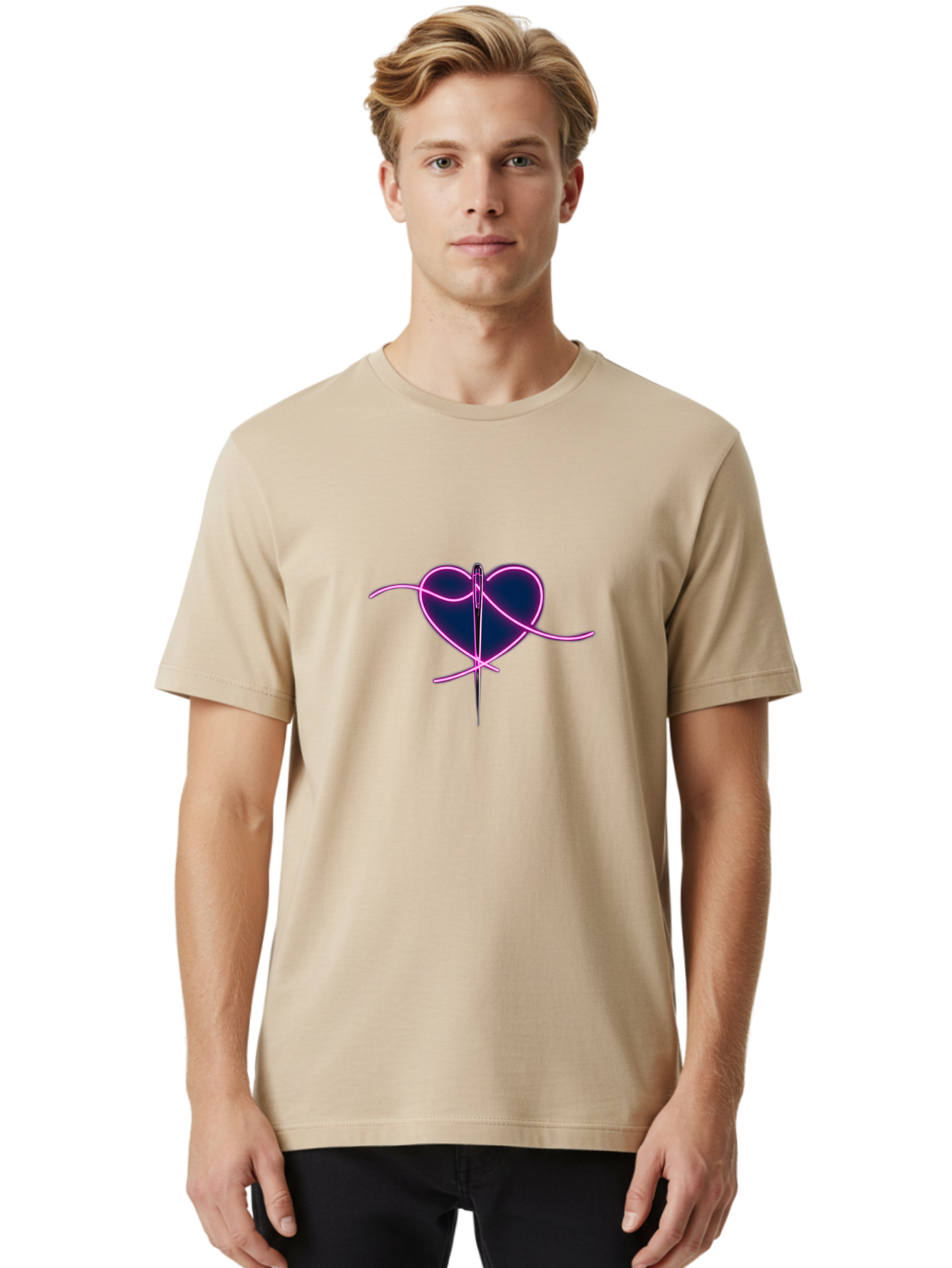 Sewing-Heart-1 Men'S Graphic Tee, 100% Cotton, Comfortable Casual Summer Wear, Machine Washable, Heart Shape, Sewing Needle, Thread, Pink Outline, Dark Blue Heart, Mending Heart, Love Repair, Heart Stitch, Symbolism, Heart Repair, Love Symbol Bad529