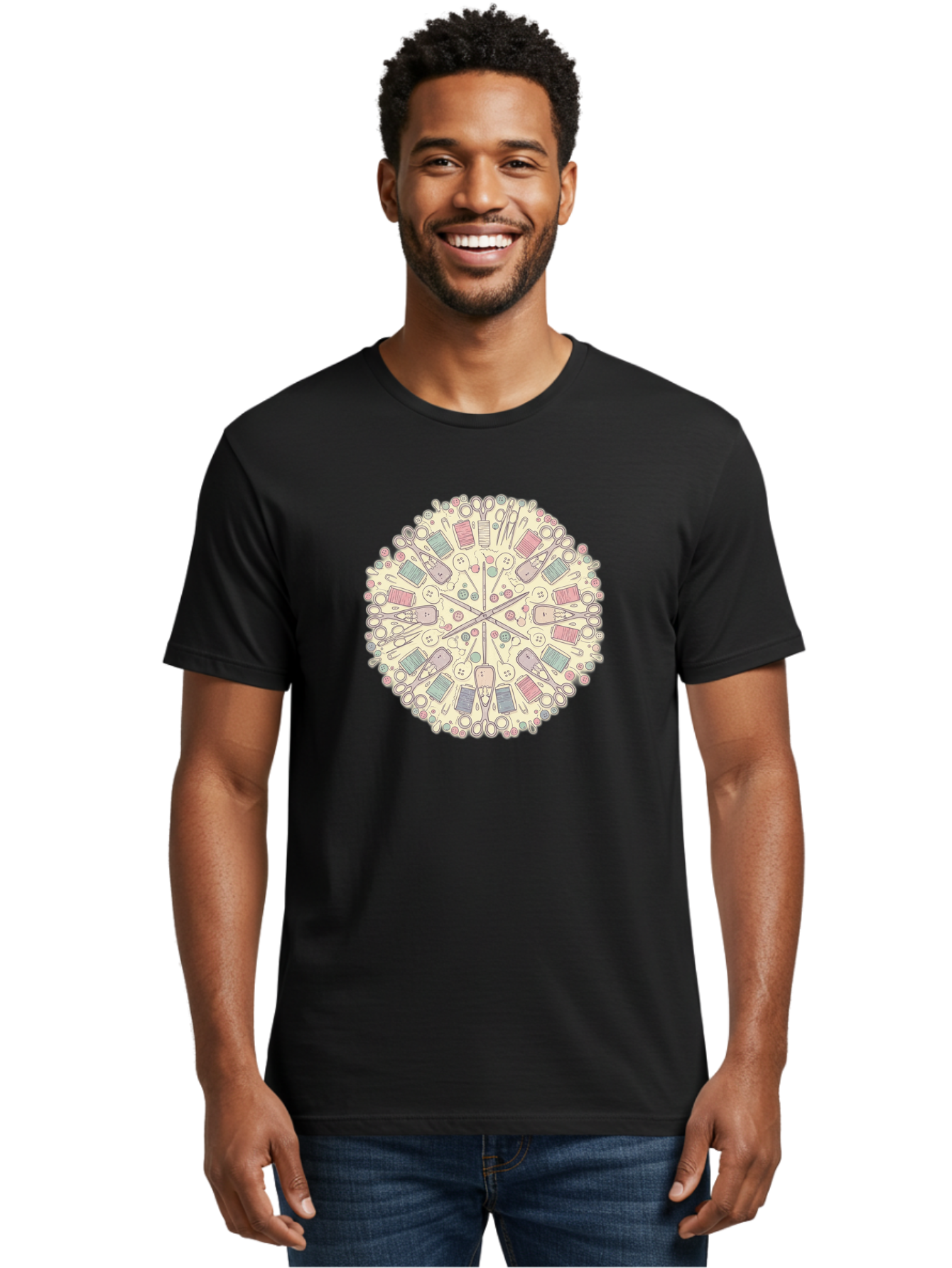 Sewing-Mandala Men'S Graphic Tee, 100% Cotton, Comfortable Casual Summer Wear, Machine Washable, Sewing Tools, Mandala Pattern, Pastel Colors, Scissors, Buttons, Threads, Sewing Accessories, Craft Supplies, Needlework, Handmade, Diy, Bad532
