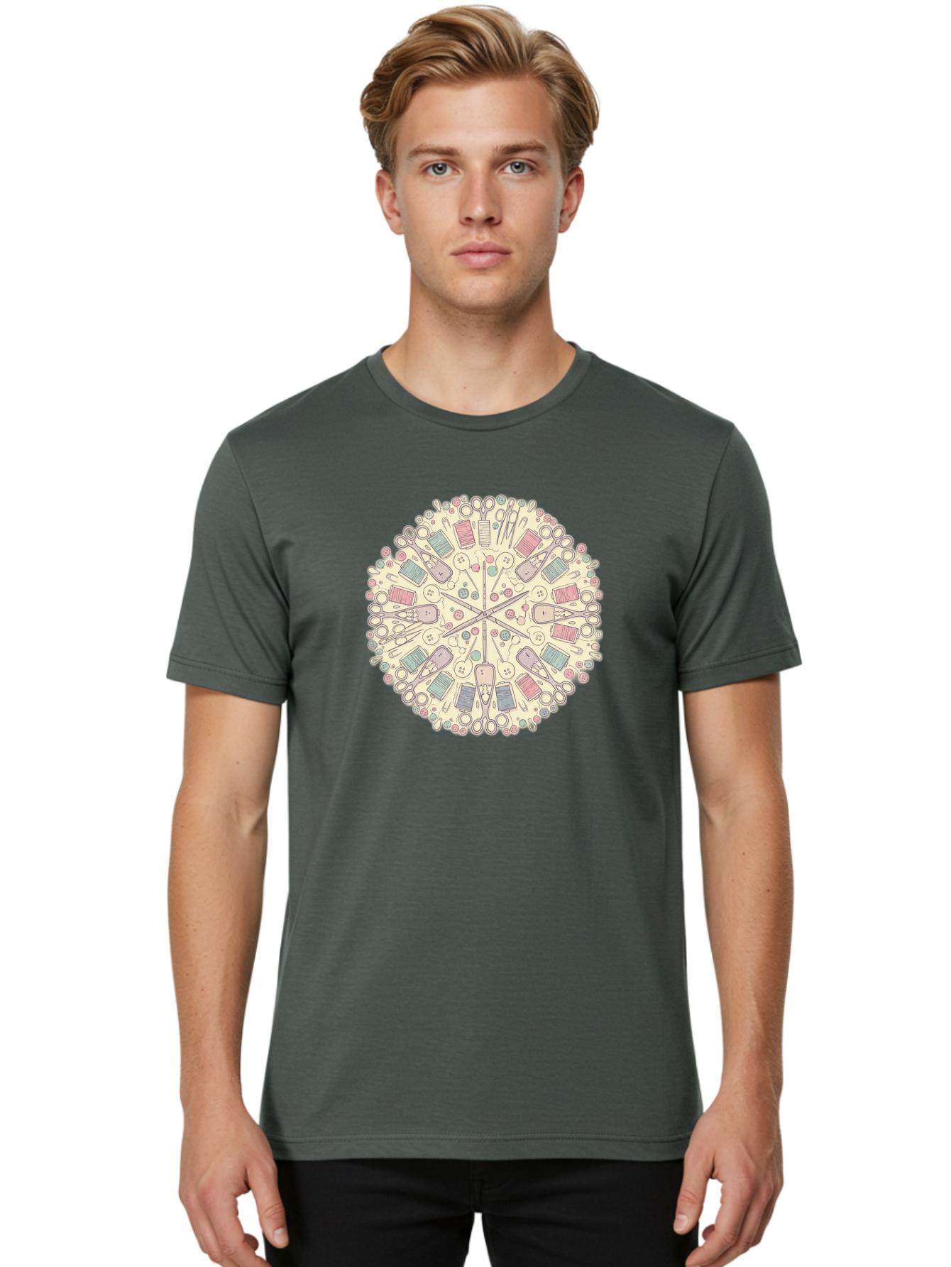Sewing-Mandala Men'S Graphic Tee, 100% Cotton, Comfortable Casual Summer Wear, Machine Washable, Sewing Tools, Mandala Pattern, Pastel Colors, Scissors, Buttons, Threads, Sewing Accessories, Craft Supplies, Needlework, Handmade, Diy, Bad532