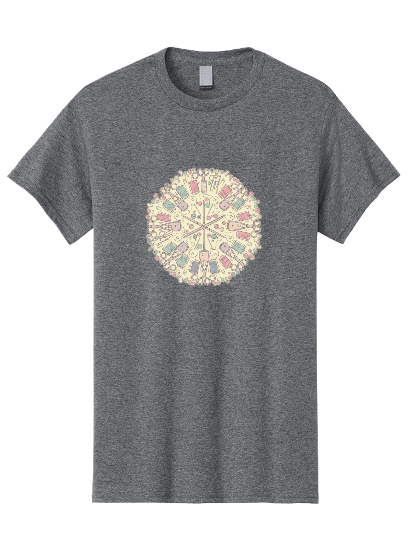 Sewing-Mandala Men'S Graphic Tee, 100% Cotton, Comfortable Casual Summer Wear, Machine Washable, Sewing Tools, Mandala Pattern, Pastel Colors, Scissors, Buttons, Threads, Sewing Accessories, Craft Supplies, Needlework, Handmade, Diy, Bad532