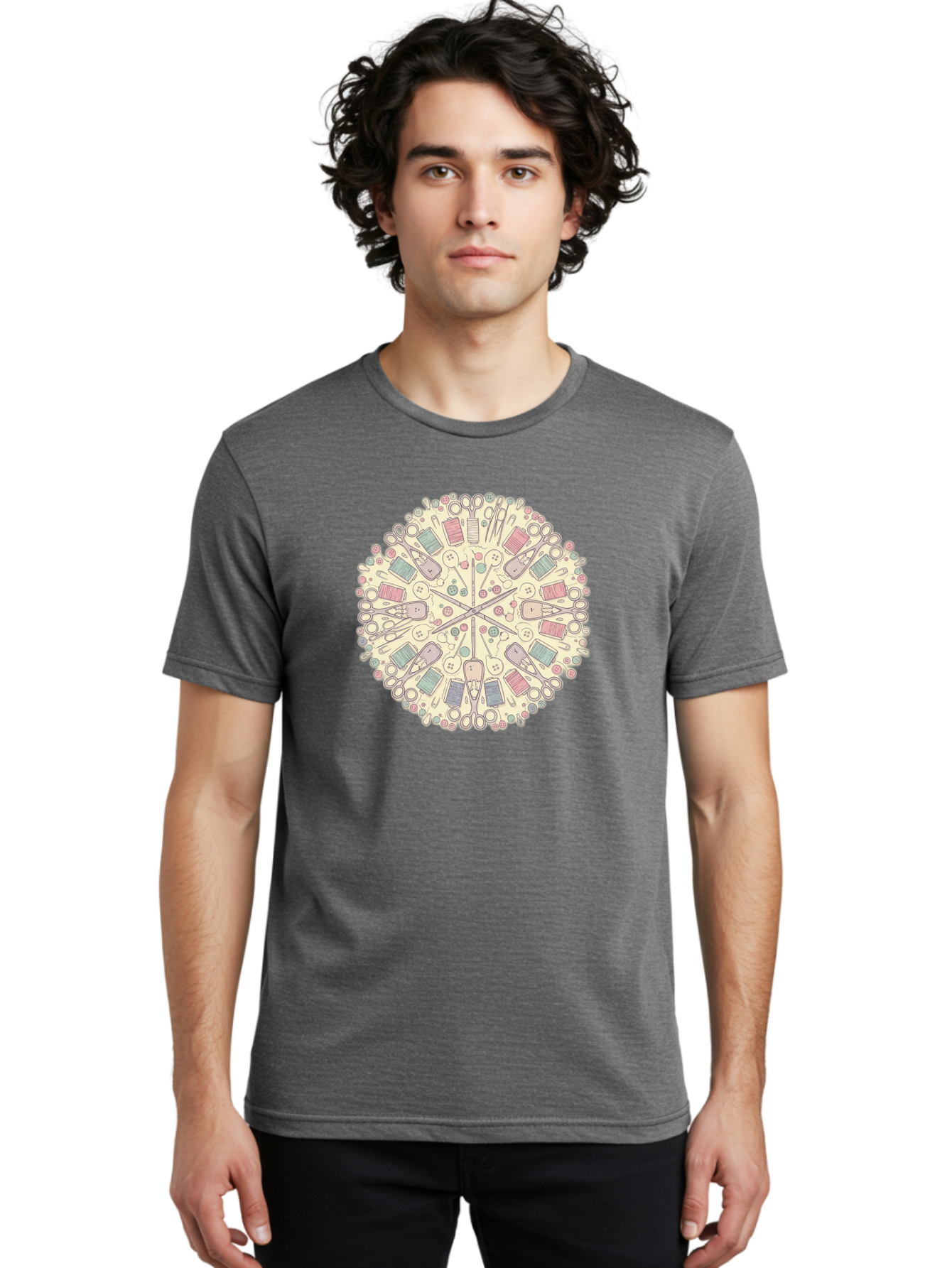 Sewing-Mandala Men'S Graphic Tee, 100% Cotton, Comfortable Casual Summer Wear, Machine Washable, Sewing Tools, Mandala Pattern, Pastel Colors, Scissors, Buttons, Threads, Sewing Accessories, Craft Supplies, Needlework, Handmade, Diy, Bad532