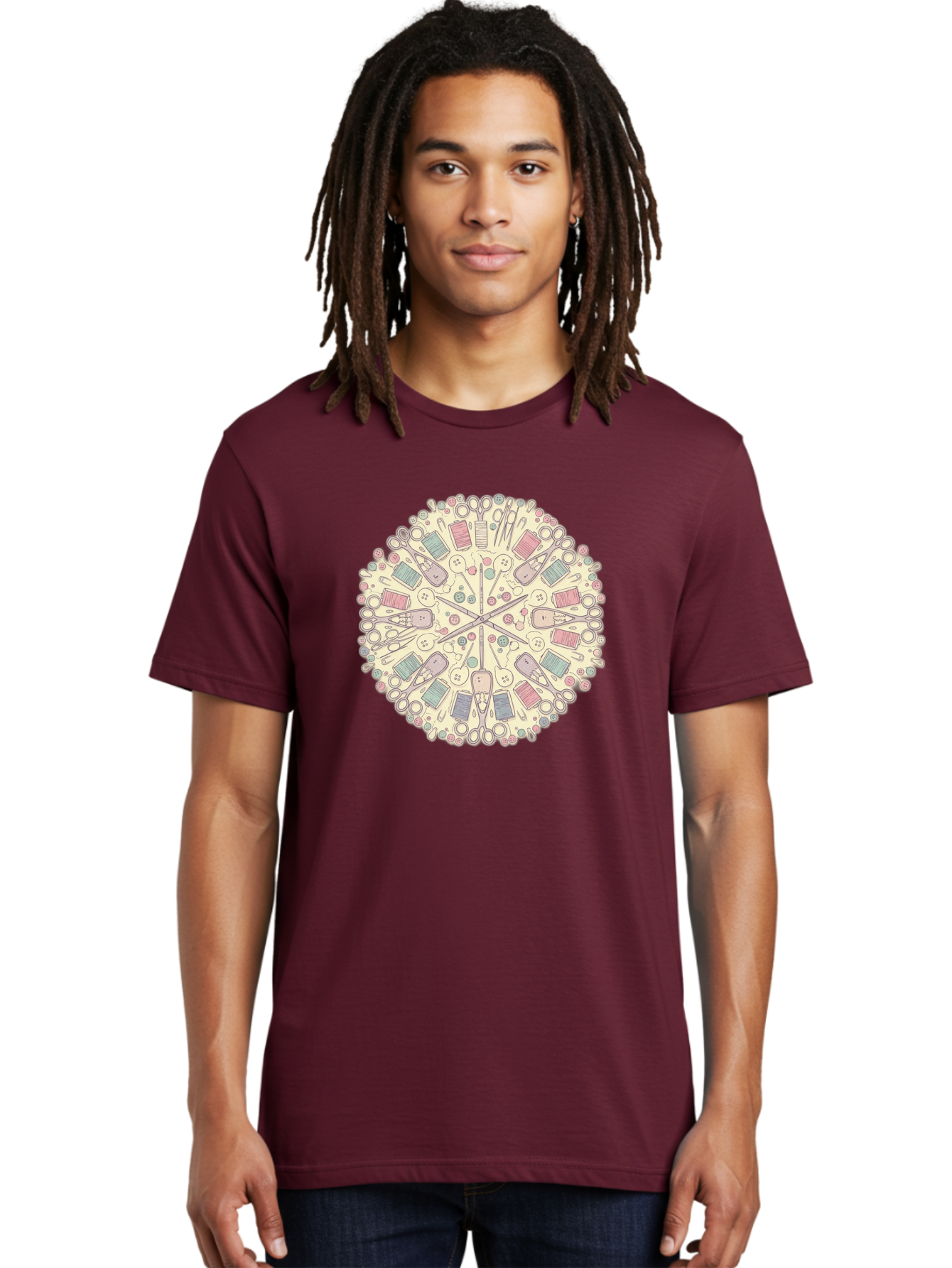 Sewing-Mandala Men'S Graphic Tee, 100% Cotton, Comfortable Casual Summer Wear, Machine Washable, Sewing Tools, Mandala Pattern, Pastel Colors, Scissors, Buttons, Threads, Sewing Accessories, Craft Supplies, Needlework, Handmade, Diy, Bad532