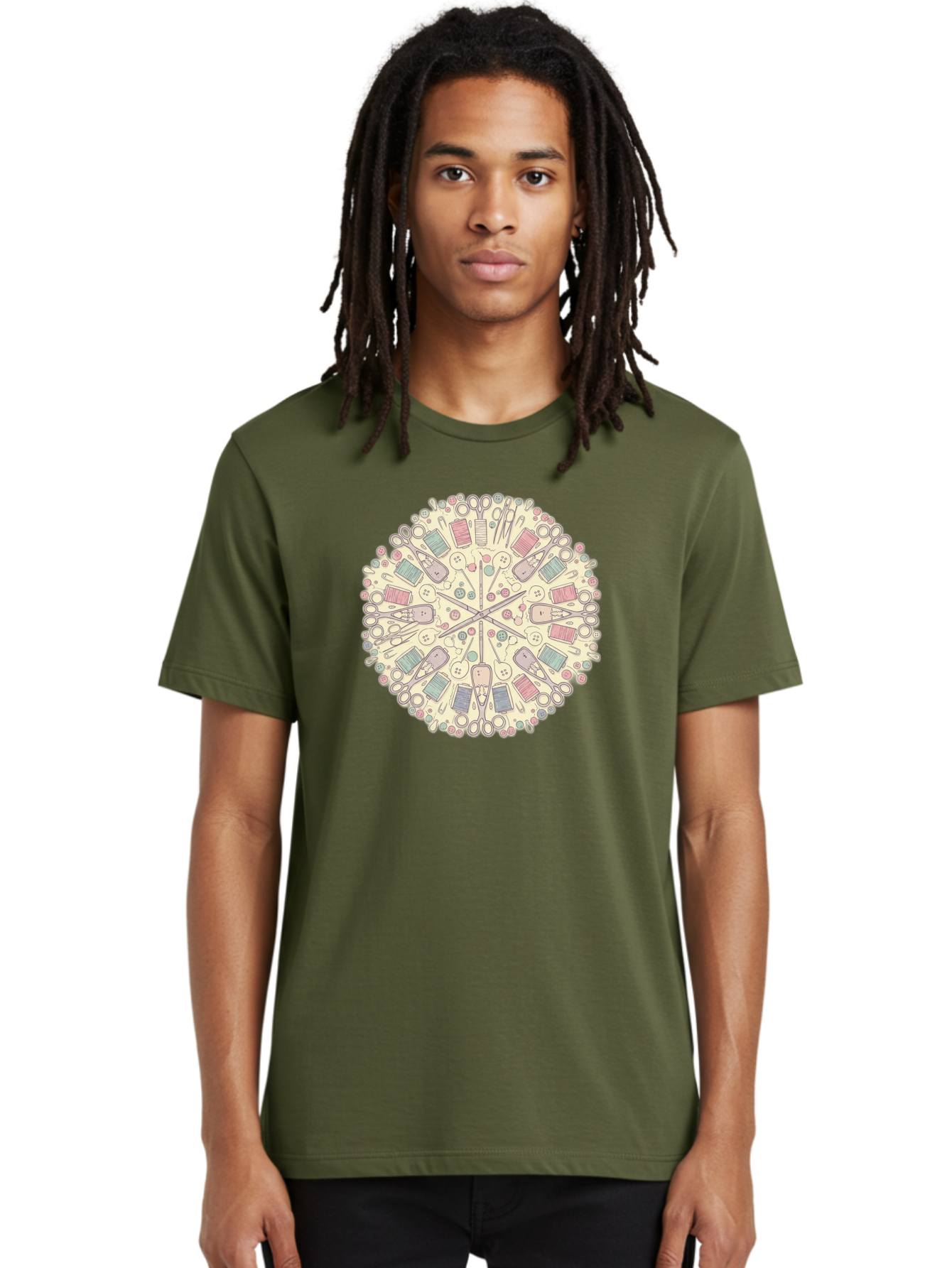 Sewing-Mandala Men'S Graphic Tee, 100% Cotton, Comfortable Casual Summer Wear, Machine Washable, Sewing Tools, Mandala Pattern, Pastel Colors, Scissors, Buttons, Threads, Sewing Accessories, Craft Supplies, Needlework, Handmade, Diy, Bad532
