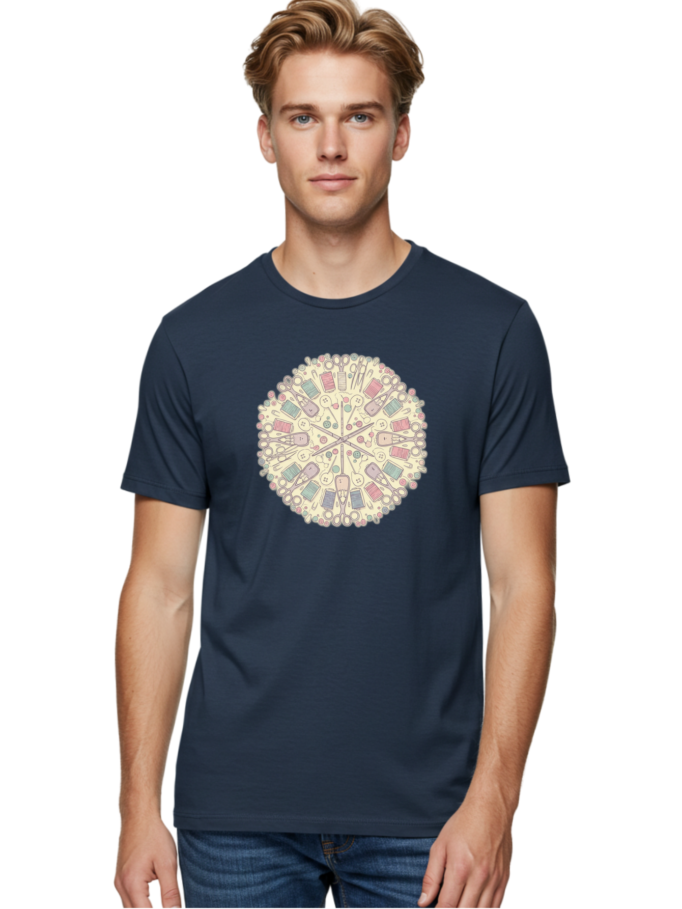 Sewing-Mandala Men'S Graphic Tee, 100% Cotton, Comfortable Casual Summer Wear, Machine Washable, Sewing Tools, Mandala Pattern, Pastel Colors, Scissors, Buttons, Threads, Sewing Accessories, Craft Supplies, Needlework, Handmade, Diy, Bad532