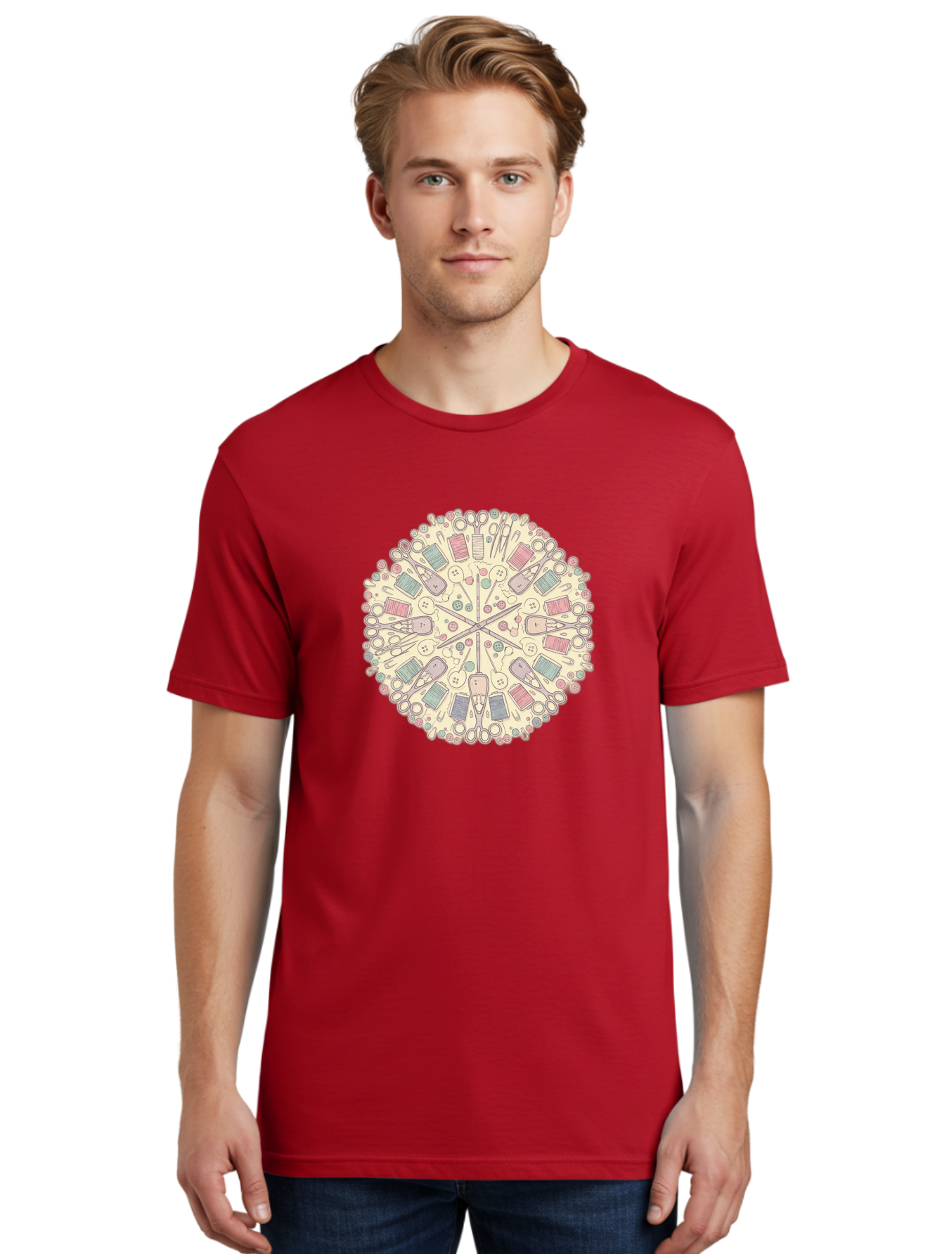 Sewing-Mandala Men'S Graphic Tee, 100% Cotton, Comfortable Casual Summer Wear, Machine Washable, Sewing Tools, Mandala Pattern, Pastel Colors, Scissors, Buttons, Threads, Sewing Accessories, Craft Supplies, Needlework, Handmade, Diy, Bad532