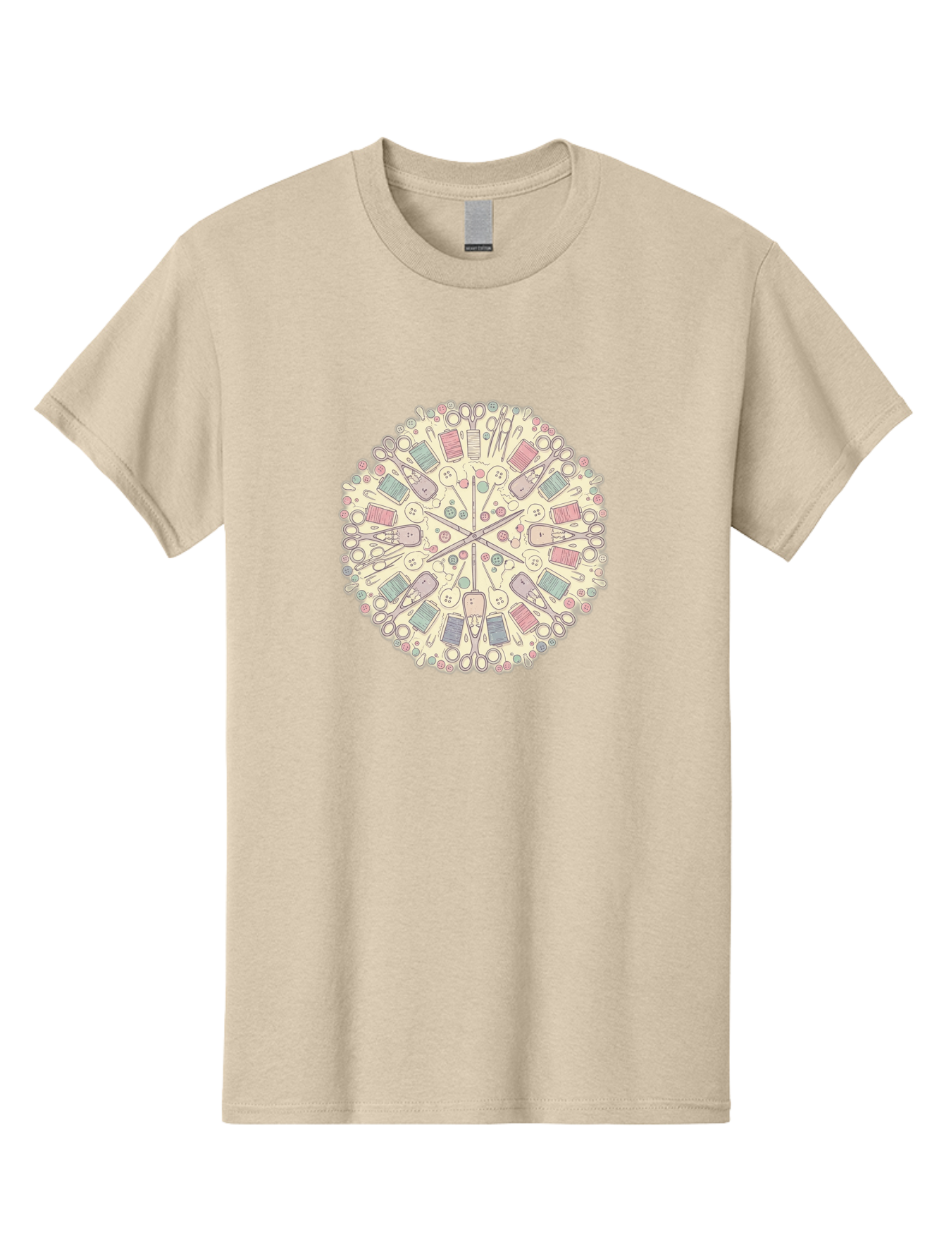 Sewing-Mandala Men'S Graphic Tee, 100% Cotton, Comfortable Casual Summer Wear, Machine Washable, Sewing Tools, Mandala Pattern, Pastel Colors, Scissors, Buttons, Threads, Sewing Accessories, Craft Supplies, Needlework, Handmade, Diy, Bad532