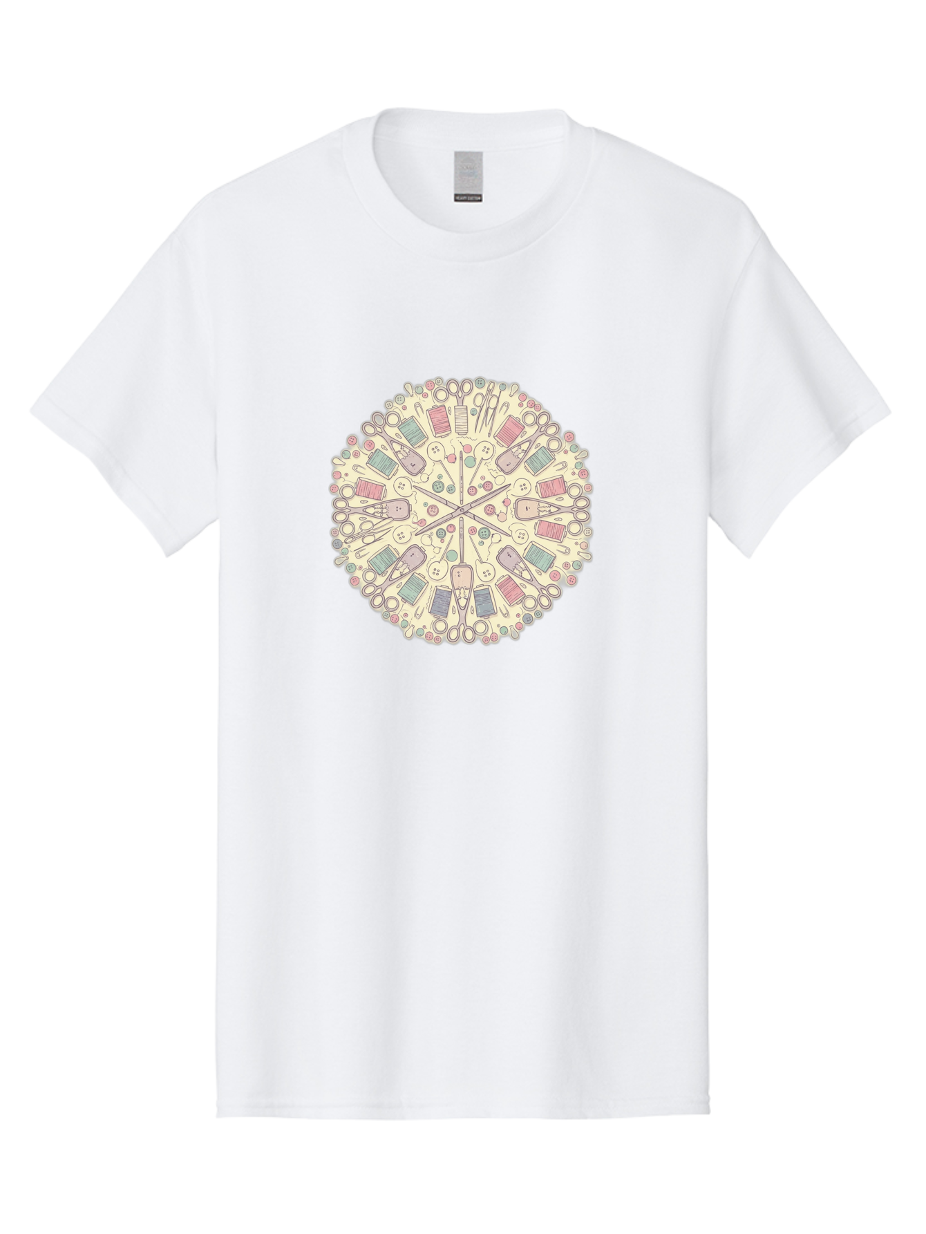 Sewing-Mandala Men'S Graphic Tee, 100% Cotton, Comfortable Casual Summer Wear, Machine Washable, Sewing Tools, Mandala Pattern, Pastel Colors, Scissors, Buttons, Threads, Sewing Accessories, Craft Supplies, Needlework, Handmade, Diy, Bad532