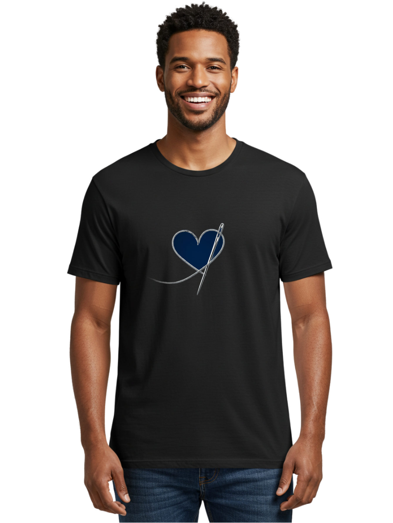 Sewing-Needle-Heart Men'S Graphic Tee, 100% Cotton, Comfortable Casual Summer Wear, Machine Washable, Heart With Needle And Thread, Sewn Love, Handmade Craft, Embroidery Art, Stitched Heart, Needlework, Diy Decoration, Silver Thread Bad533