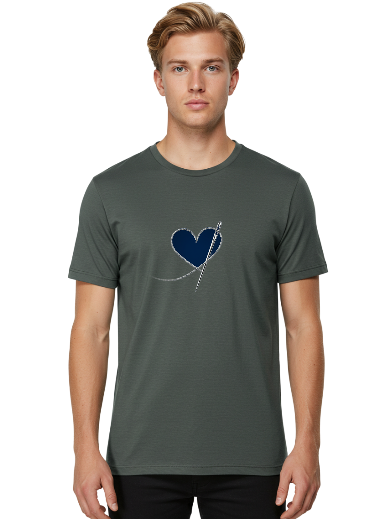 Sewing-Needle-Heart Men'S Graphic Tee, 100% Cotton, Comfortable Casual Summer Wear, Machine Washable, Heart With Needle And Thread, Sewn Love, Handmade Craft, Embroidery Art, Stitched Heart, Needlework, Diy Decoration, Silver Thread Bad533