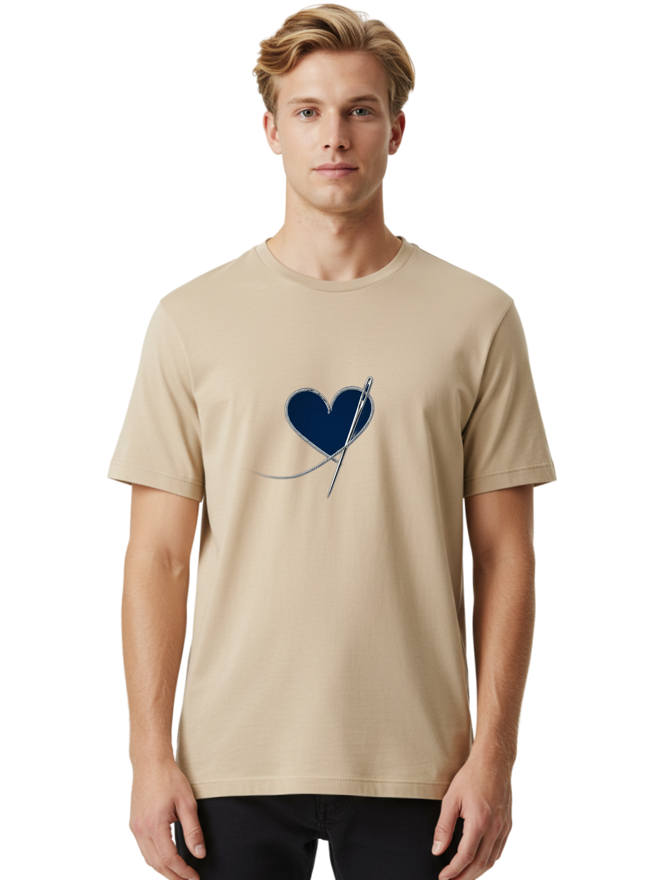 Sewing-Needle-Heart Men'S Graphic Tee, 100% Cotton, Comfortable Casual Summer Wear, Machine Washable, Heart With Needle And Thread, Sewn Love, Handmade Craft, Embroidery Art, Stitched Heart, Needlework, Diy Decoration, Silver Thread Bad533