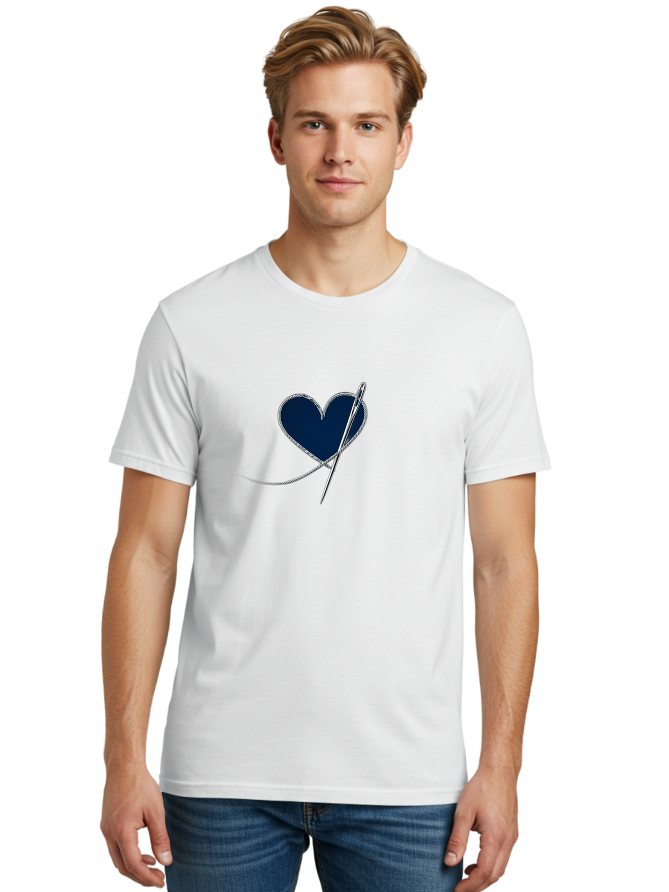 Sewing-Needle-Heart Men'S Graphic Tee, 100% Cotton, Comfortable Casual Summer Wear, Machine Washable, Heart With Needle And Thread, Sewn Love, Handmade Craft, Embroidery Art, Stitched Heart, Needlework, Diy Decoration, Silver Thread Bad533