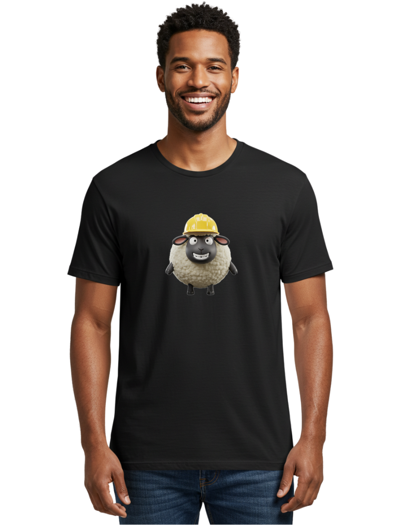 Shaun-Sheep Men'S Graphic Tee, 100% Cotton, Comfortable Casual Summer Wear, Machine Washable, Cartoon Sheep, Shaun The Sheep Character, Yellow Hard Hat, Construction Worker Sheep, Funny Farm Animals, Whimsical Illustration, Bad535