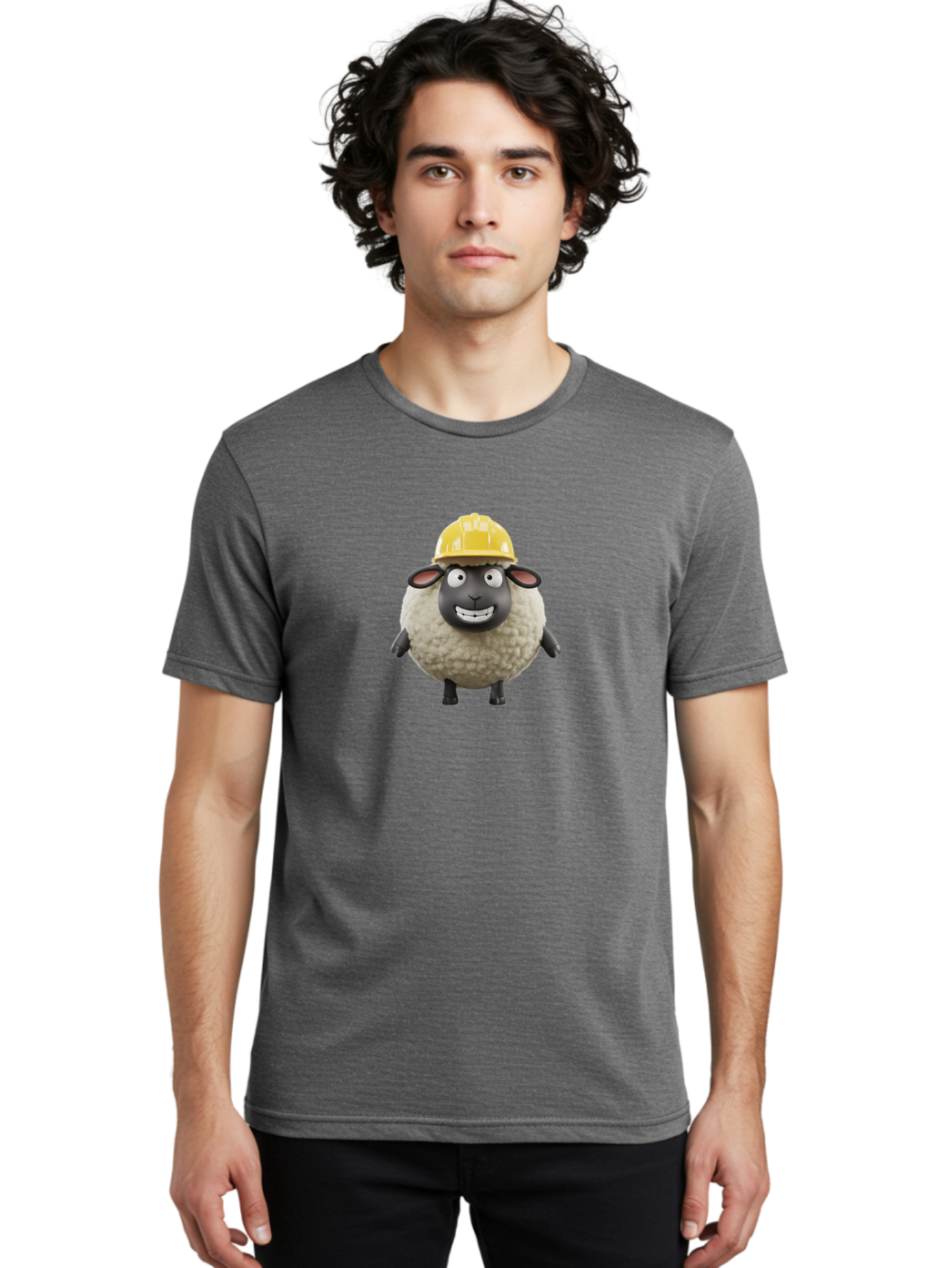 Shaun-Sheep Men'S Graphic Tee, 100% Cotton, Comfortable Casual Summer Wear, Machine Washable, Cartoon Sheep, Shaun The Sheep Character, Yellow Hard Hat, Construction Worker Sheep, Funny Farm Animals, Whimsical Illustration, Bad535