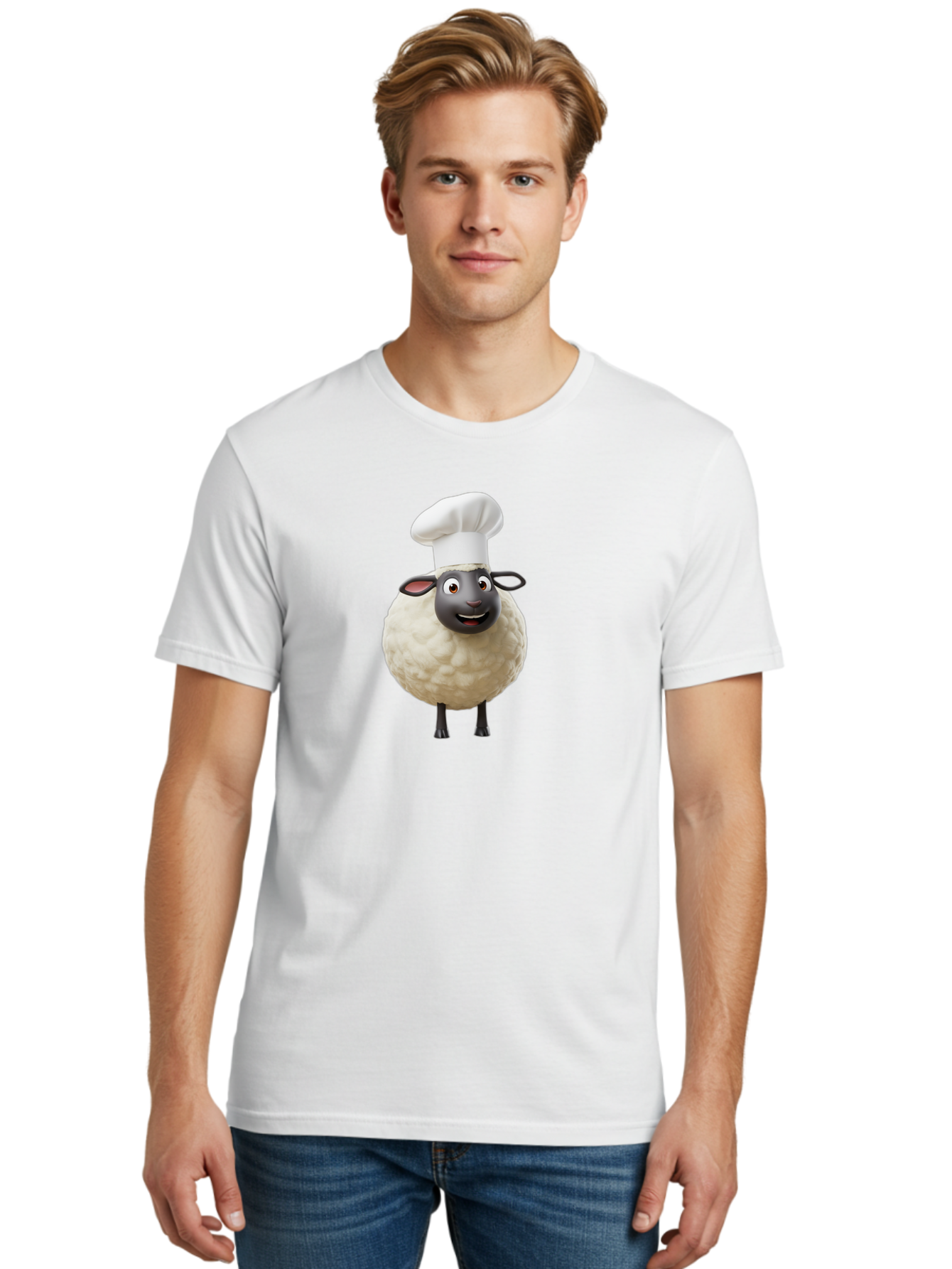 Shaun-The-Sheep-Chef Men'S Graphic Tee, 100% Cotton, Comfortable Casual Summer Wear, Machine Washable, Shaun The Sheep, Chef Hat, Cartoon Character, Cooking, Culinary, Funny Animal, 3D Animation, Character Design, Humorous, Whimsical, Lamb, Bad537