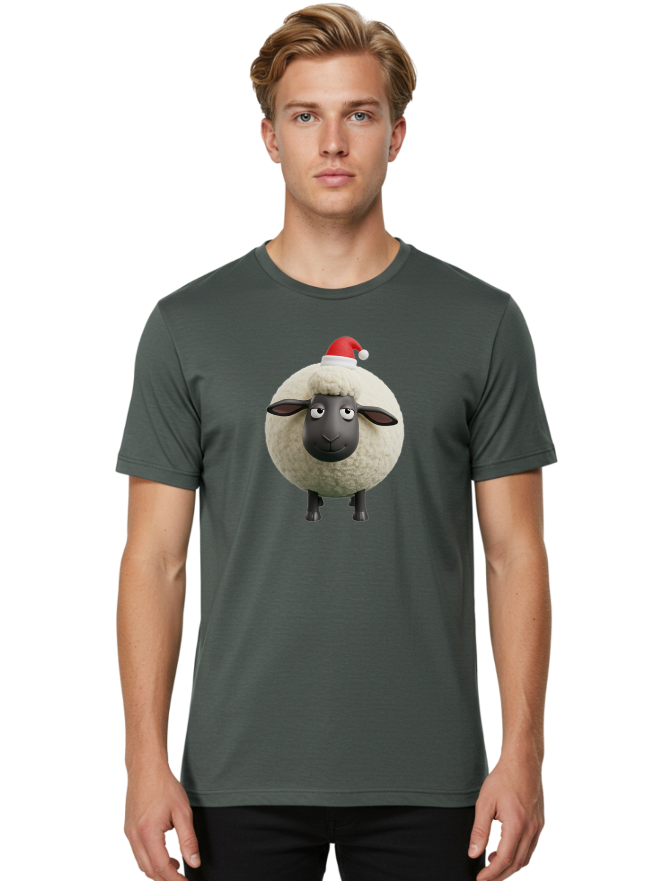 Shaun-The-Sheep-Christmas Men'S Graphic Tee, 100% Cotton, Comfortable Casual Summer Wear, Machine Washable, Cartoon Sheep, Shaun The Sheep, Fluffy White Sheep, Christmas Hat, Red And White Santa Hat, Funny Character, 3D Animation, Bad538