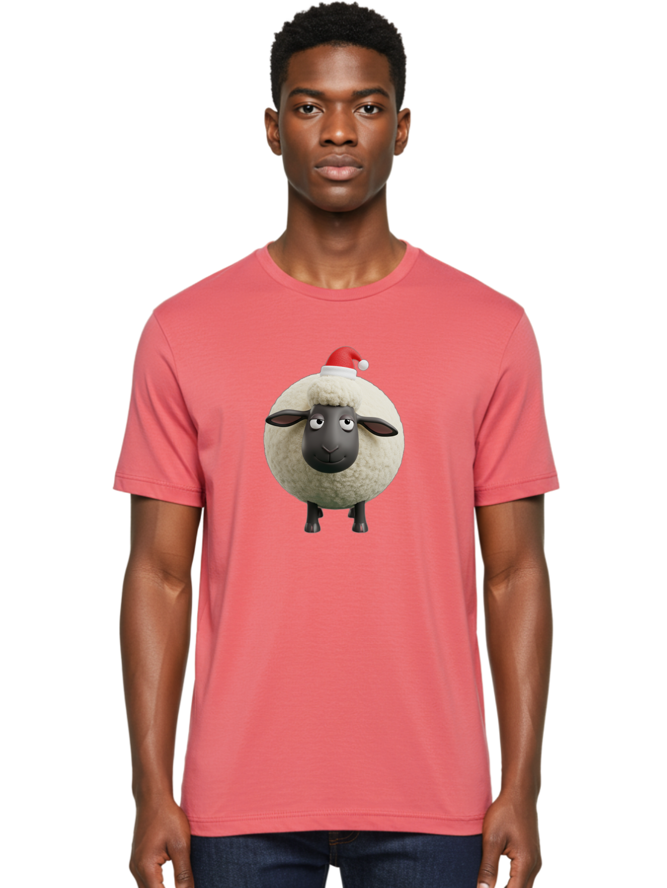 Shaun-The-Sheep-Christmas Men'S Graphic Tee, 100% Cotton, Comfortable Casual Summer Wear, Machine Washable, Cartoon Sheep, Shaun The Sheep, Fluffy White Sheep, Christmas Hat, Red And White Santa Hat, Funny Character, 3D Animation, Bad538