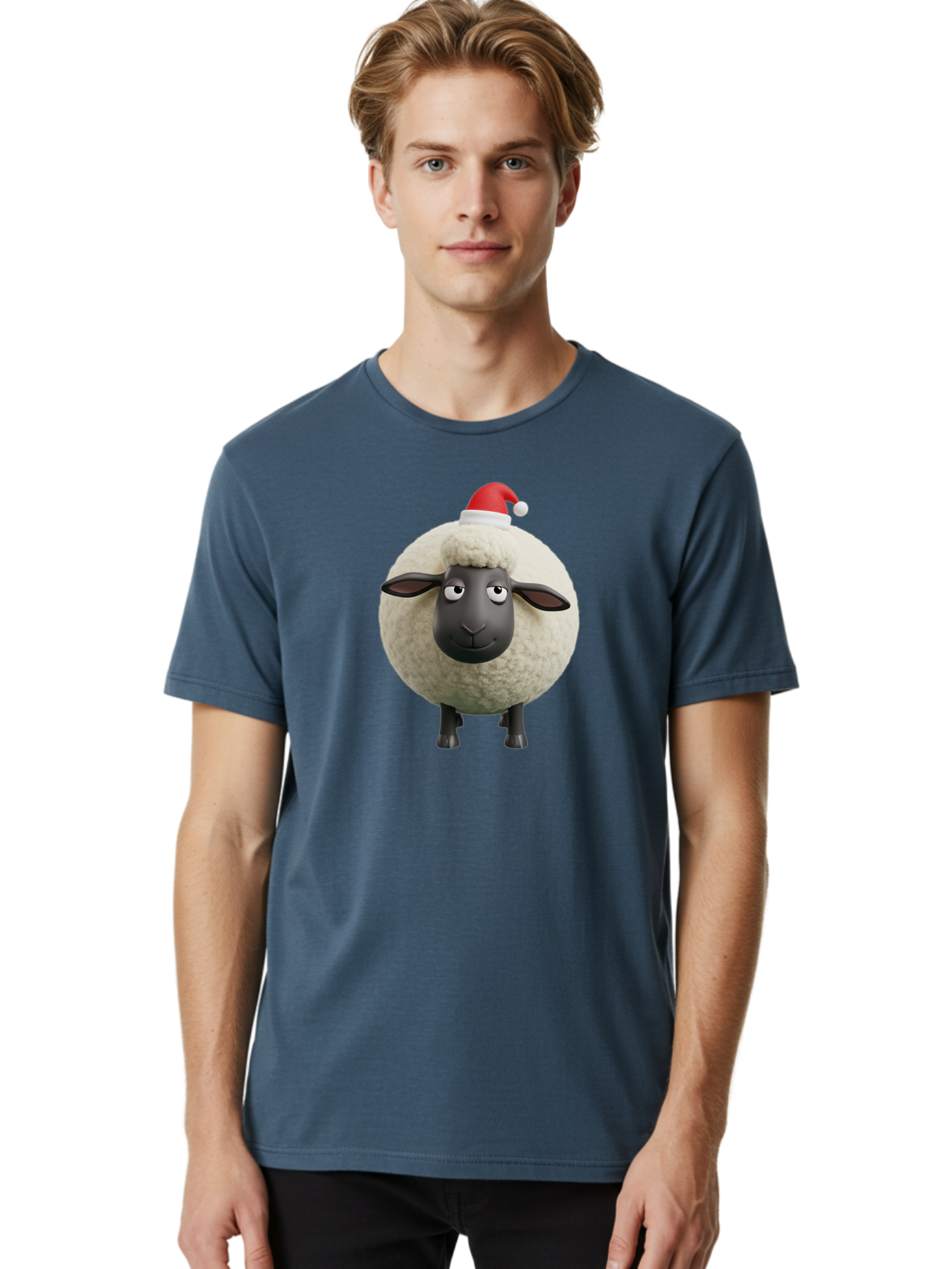 Shaun-The-Sheep-Christmas Men'S Graphic Tee, 100% Cotton, Comfortable Casual Summer Wear, Machine Washable, Cartoon Sheep, Shaun The Sheep, Fluffy White Sheep, Christmas Hat, Red And White Santa Hat, Funny Character, 3D Animation, Bad538
