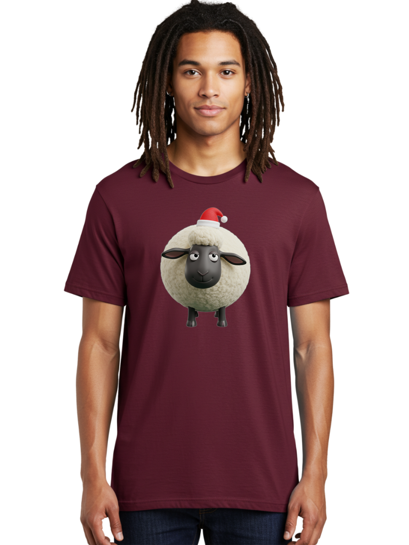 Shaun-The-Sheep-Christmas Men'S Graphic Tee, 100% Cotton, Comfortable Casual Summer Wear, Machine Washable, Cartoon Sheep, Shaun The Sheep, Fluffy White Sheep, Christmas Hat, Red And White Santa Hat, Funny Character, 3D Animation, Bad538