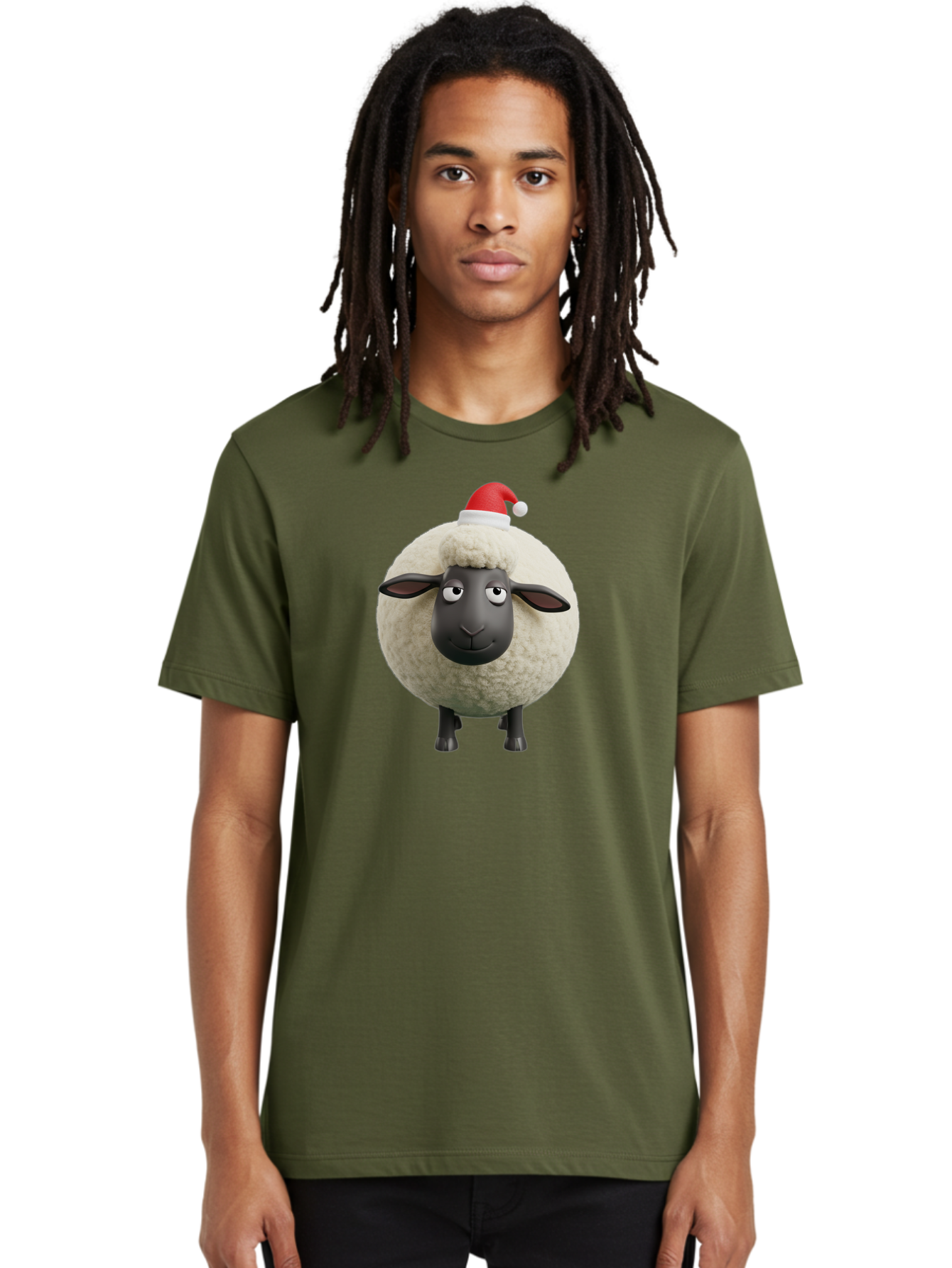 Shaun-The-Sheep-Christmas Men'S Graphic Tee, 100% Cotton, Comfortable Casual Summer Wear, Machine Washable, Cartoon Sheep, Shaun The Sheep, Fluffy White Sheep, Christmas Hat, Red And White Santa Hat, Funny Character, 3D Animation, Bad538