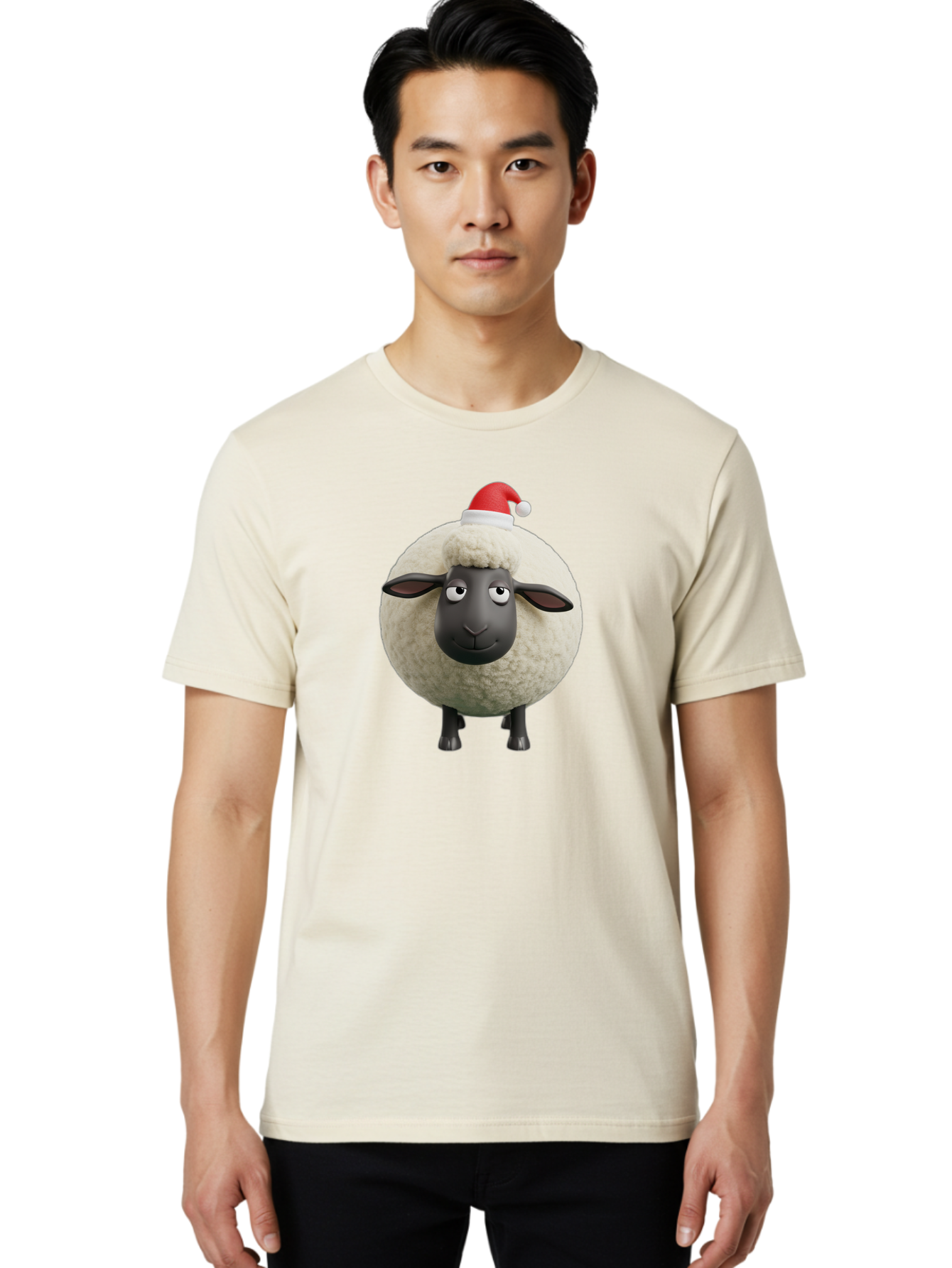Shaun-The-Sheep-Christmas Men'S Graphic Tee, 100% Cotton, Comfortable Casual Summer Wear, Machine Washable, Cartoon Sheep, Shaun The Sheep, Fluffy White Sheep, Christmas Hat, Red And White Santa Hat, Funny Character, 3D Animation, Bad538