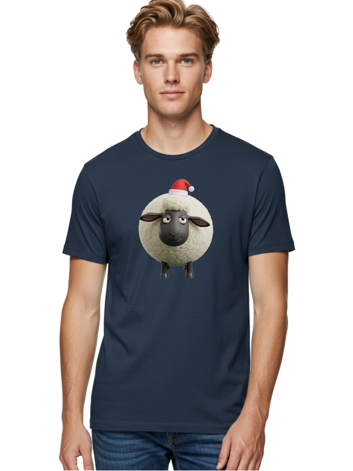 Shaun-The-Sheep-Christmas Men'S Graphic Tee, 100% Cotton, Comfortable Casual Summer Wear, Machine Washable, Cartoon Sheep, Shaun The Sheep, Fluffy White Sheep, Christmas Hat, Red And White Santa Hat, Funny Character, 3D Animation, Bad538