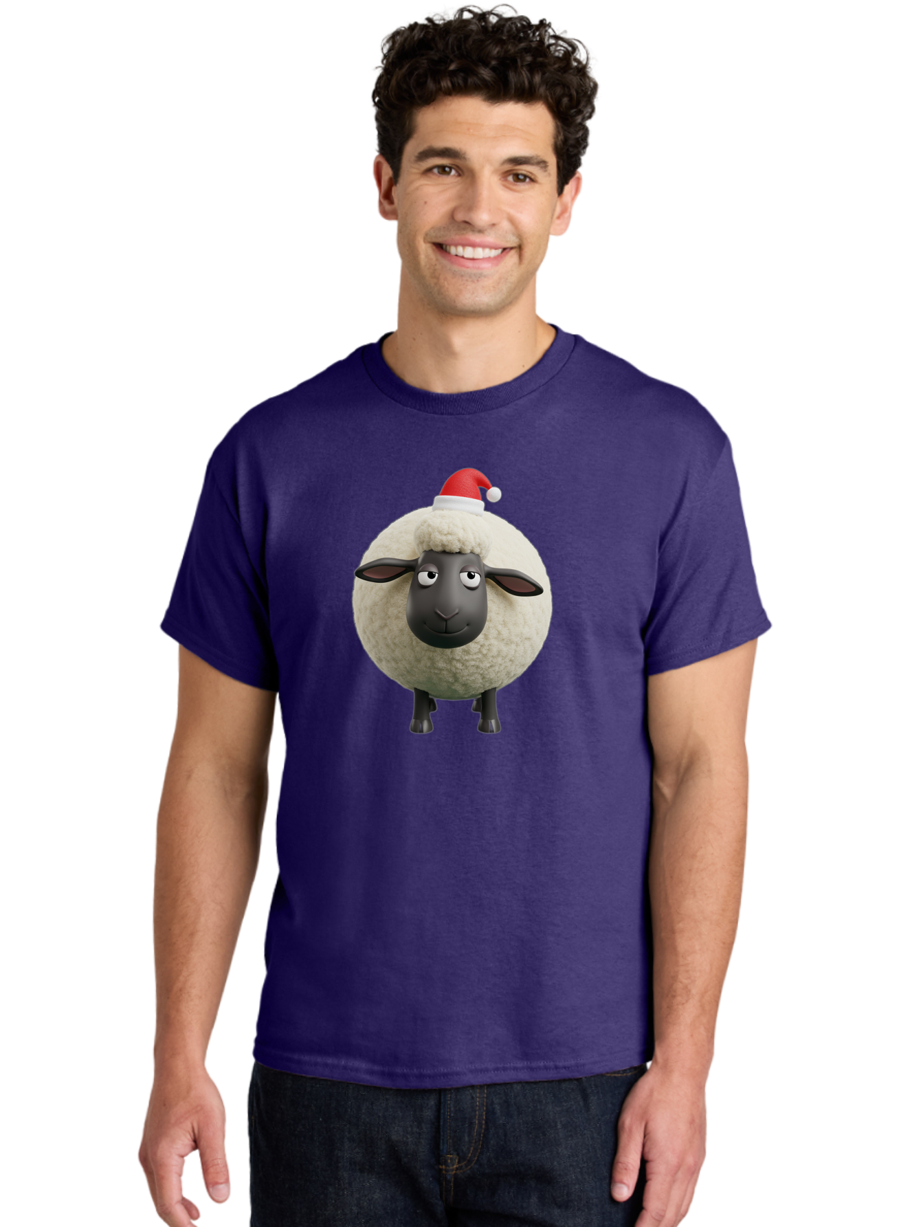 Shaun-The-Sheep-Christmas Men'S Graphic Tee, 100% Cotton, Comfortable Casual Summer Wear, Machine Washable, Cartoon Sheep, Shaun The Sheep, Fluffy White Sheep, Christmas Hat, Red And White Santa Hat, Funny Character, 3D Animation, Bad538